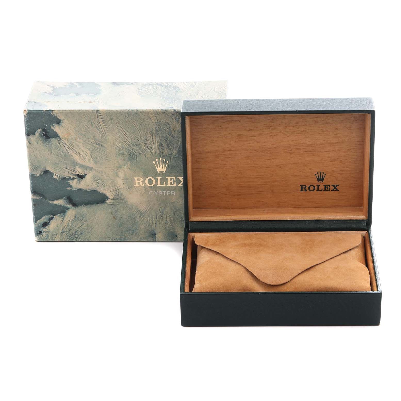 The image shows a Rolex Datejust 16233 Men
s Steel and Gold (two tone) Champagne Dial 16233 Men
s Steel and Gold (two tone) Champagne Dial watch box and suede pouch, viewed from the front with the box open.
