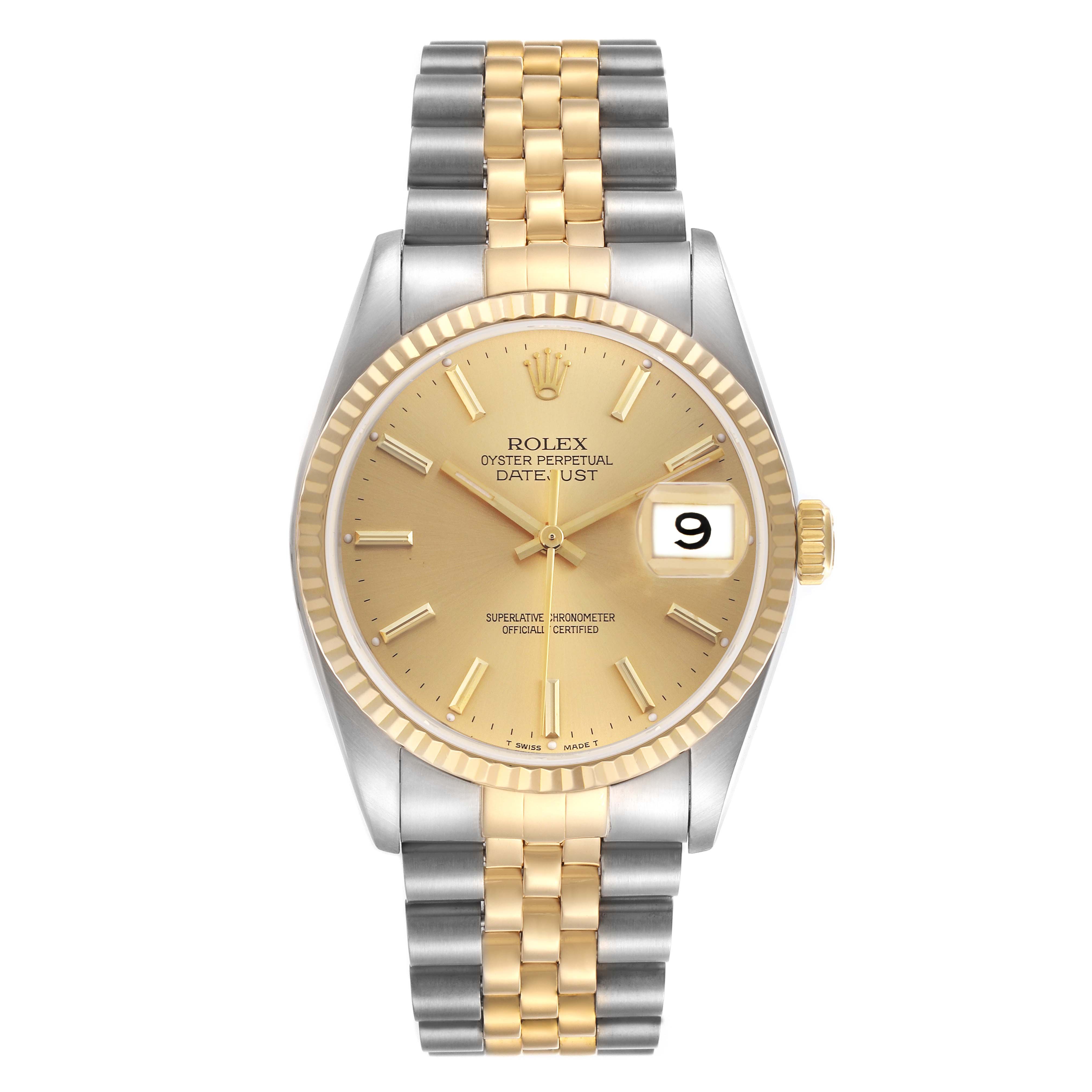 The Rolex Datejust 16233 Men
s Steel and Gold (two tone) Champagne Dial 16233 Men
s Steel and Gold (two tone) Champagne Dial watch is shown from a direct front view, highlighting the dial, hands, and two-tone bracelet.