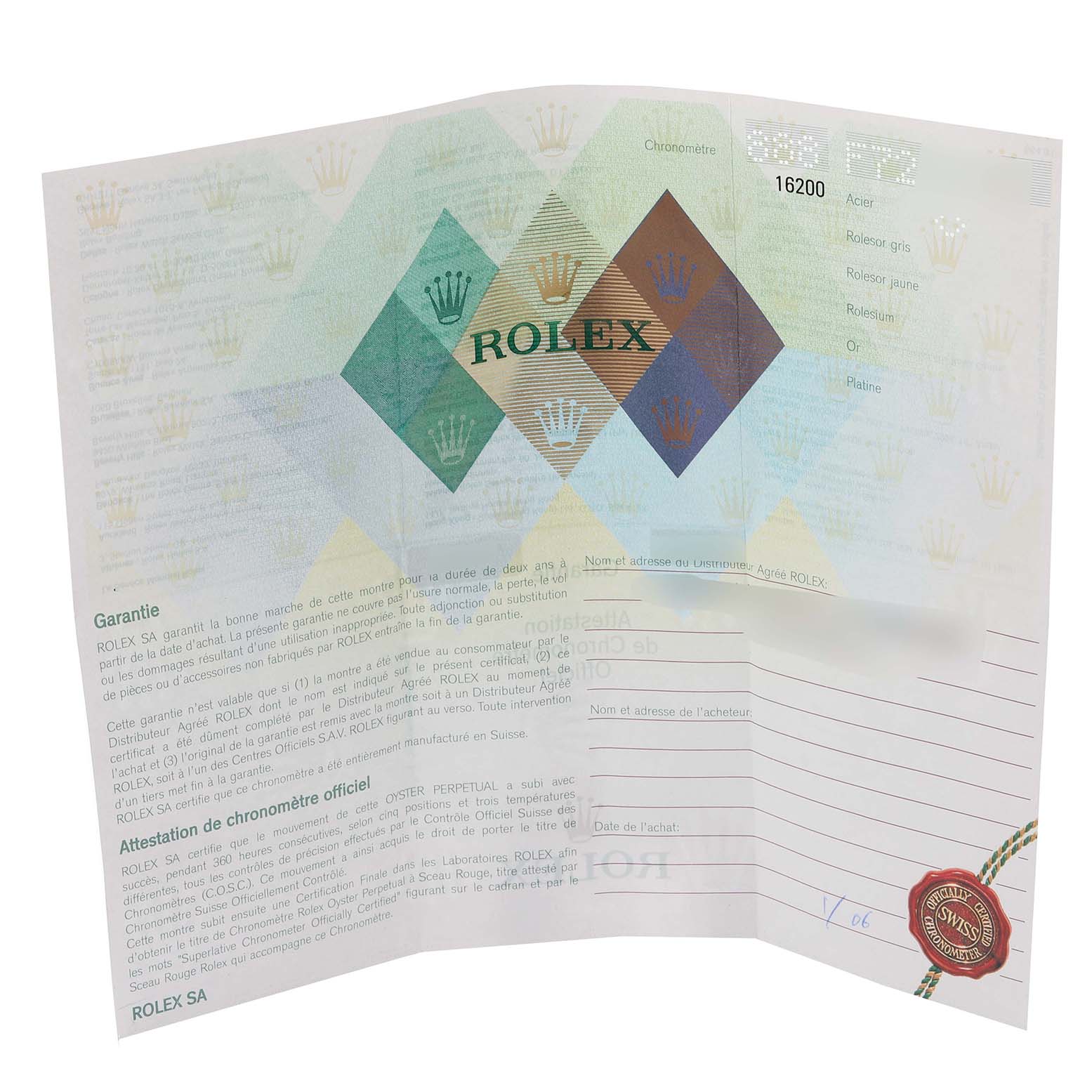 The image shows the warranty card/document for a Rolex Datejust 16200 Men's Stainless Steel Black Dial 16200 Men's Stainless Steel Black Dial model.