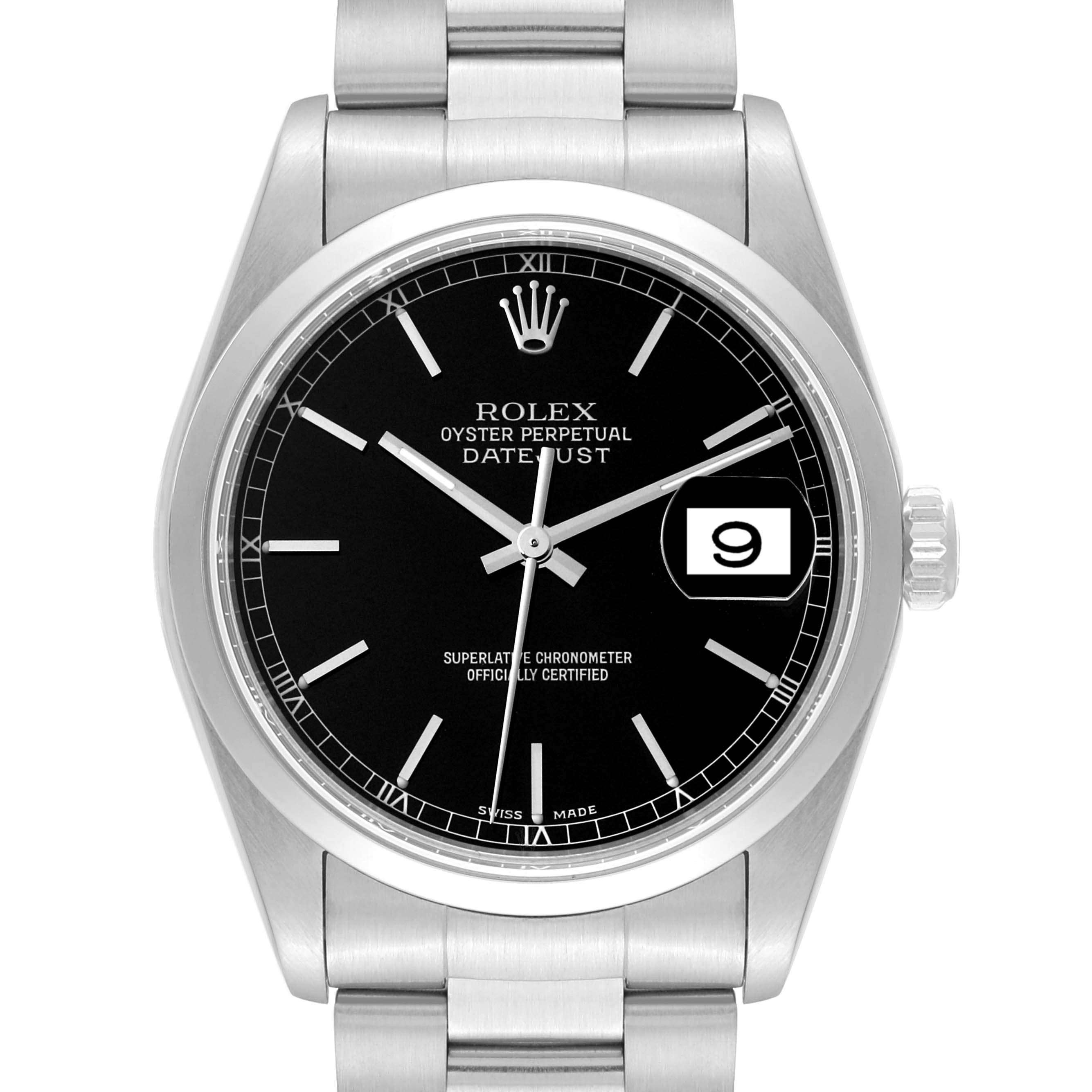 The Rolex Datejust 16200 Men's Stainless Steel Black Dial 16200 Men's Stainless Steel Black Dial watch is shown from a front angle, highlighting its black dial, date window, and metal bracelet.