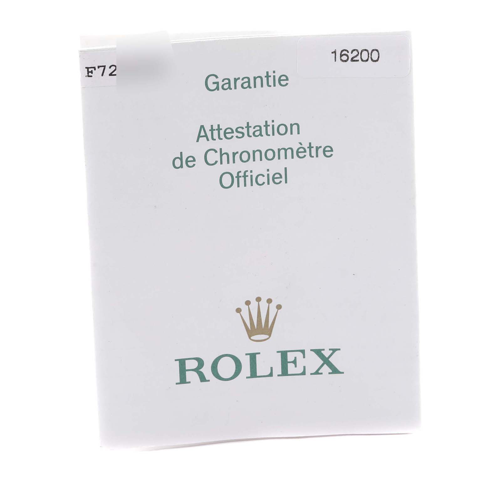 The image shows a warranty card for a Rolex Datejust 16200 Men's Stainless Steel Black Dial 16200 Men's Stainless Steel Black Dial model with certification information and the Rolex logo.