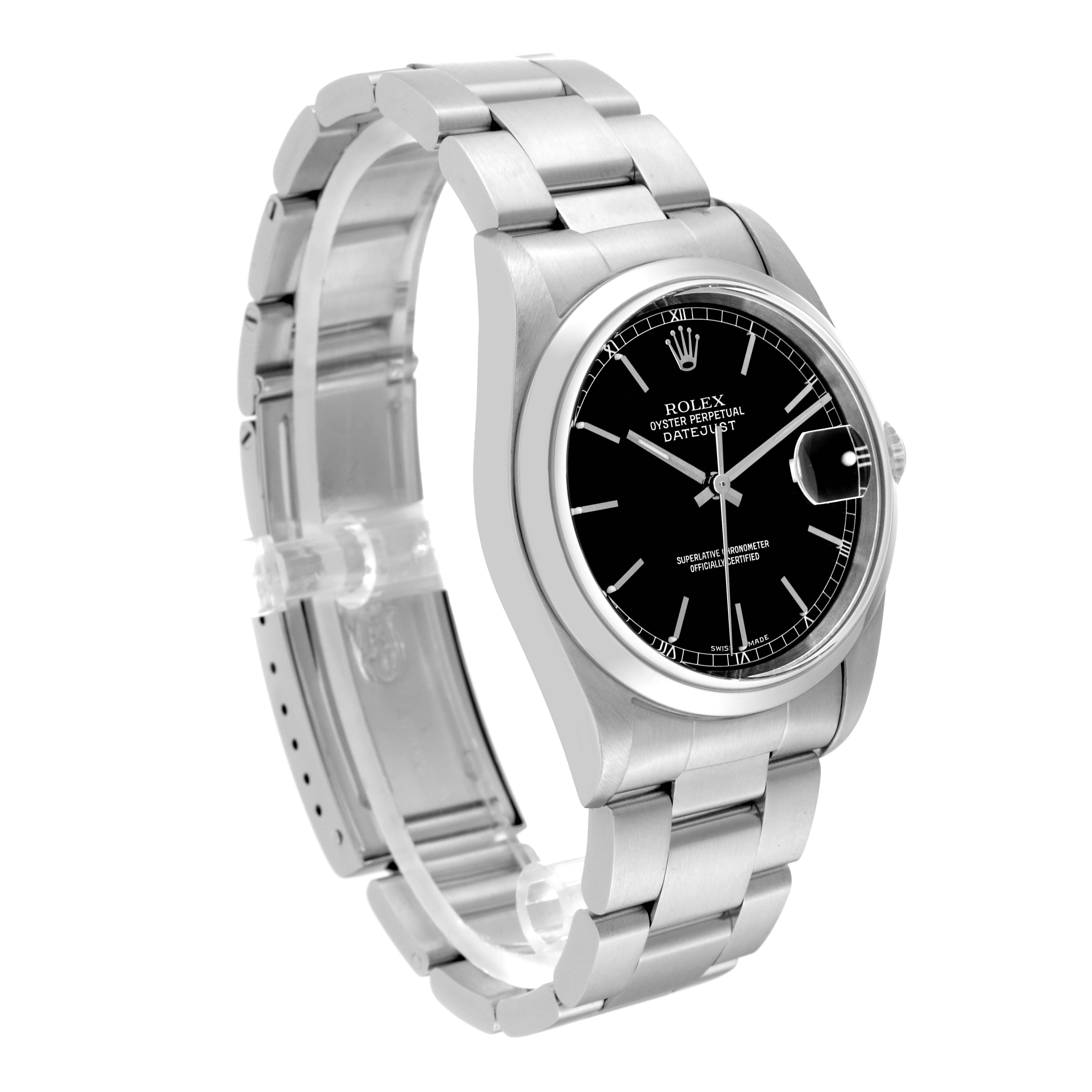 This image shows a side-angle view of a Rolex Datejust 16200 Men's Stainless Steel Black Dial 16200 Men's Stainless Steel Black Dial watch focusing on its black dial, stainless steel case, and bracelet.