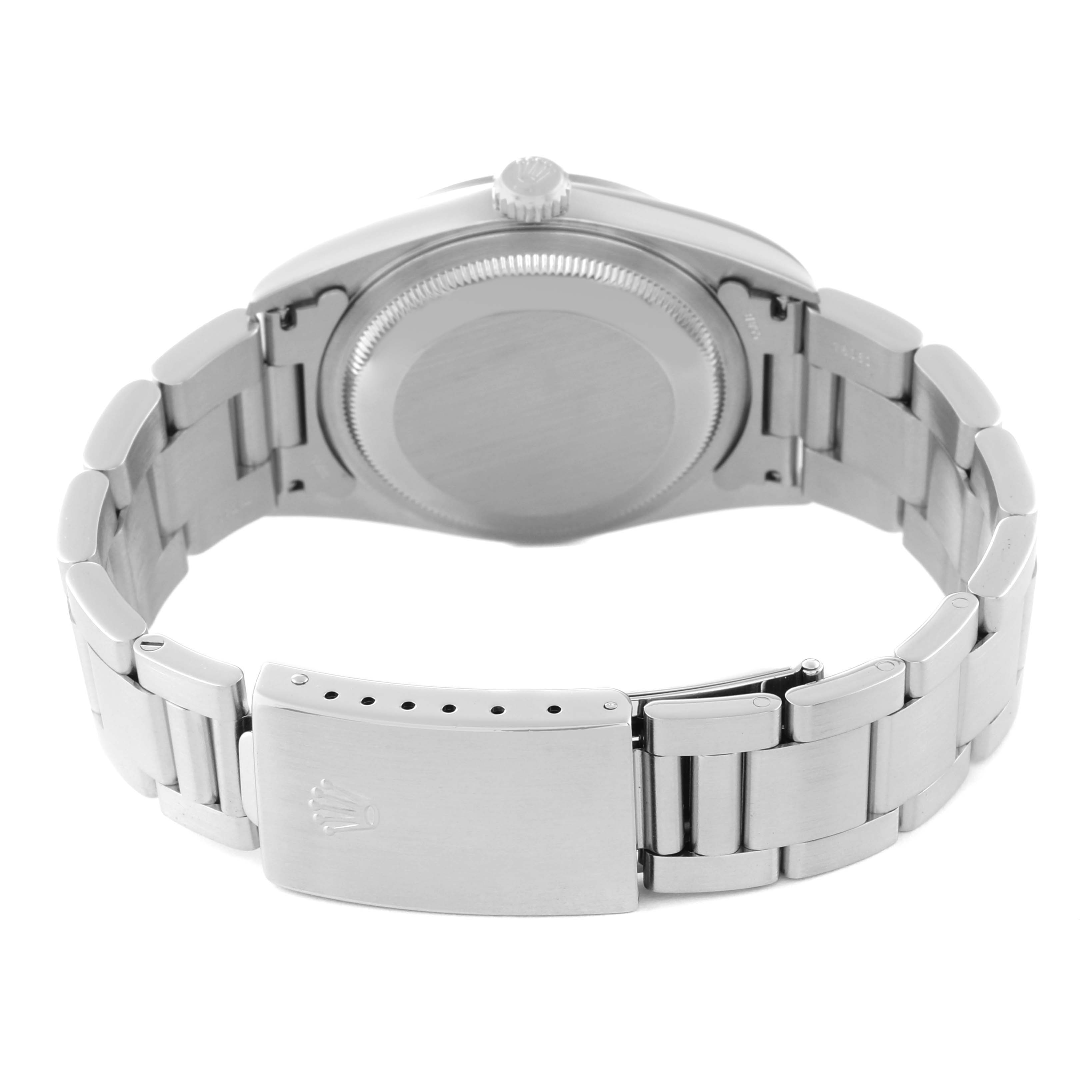 The image shows the back view of a Rolex Datejust 16200 Men's Stainless Steel Black Dial 16200 Men's Stainless Steel Black Dial watch, highlighting the case back, bracelet, and clasp.