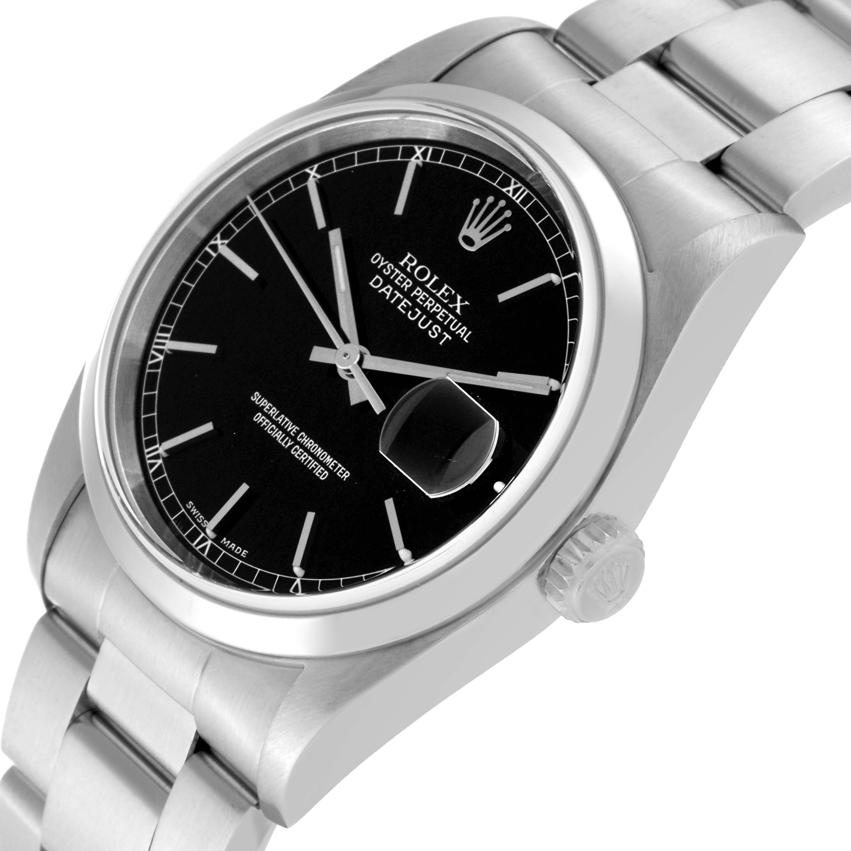 The image shows a close-up angle of a Rolex Datejust 16200 Men's Stainless Steel Black Dial 16200 Men's Stainless Steel Black Dial watch, highlighting the dial, bezel, crown, and part of the bracelet.