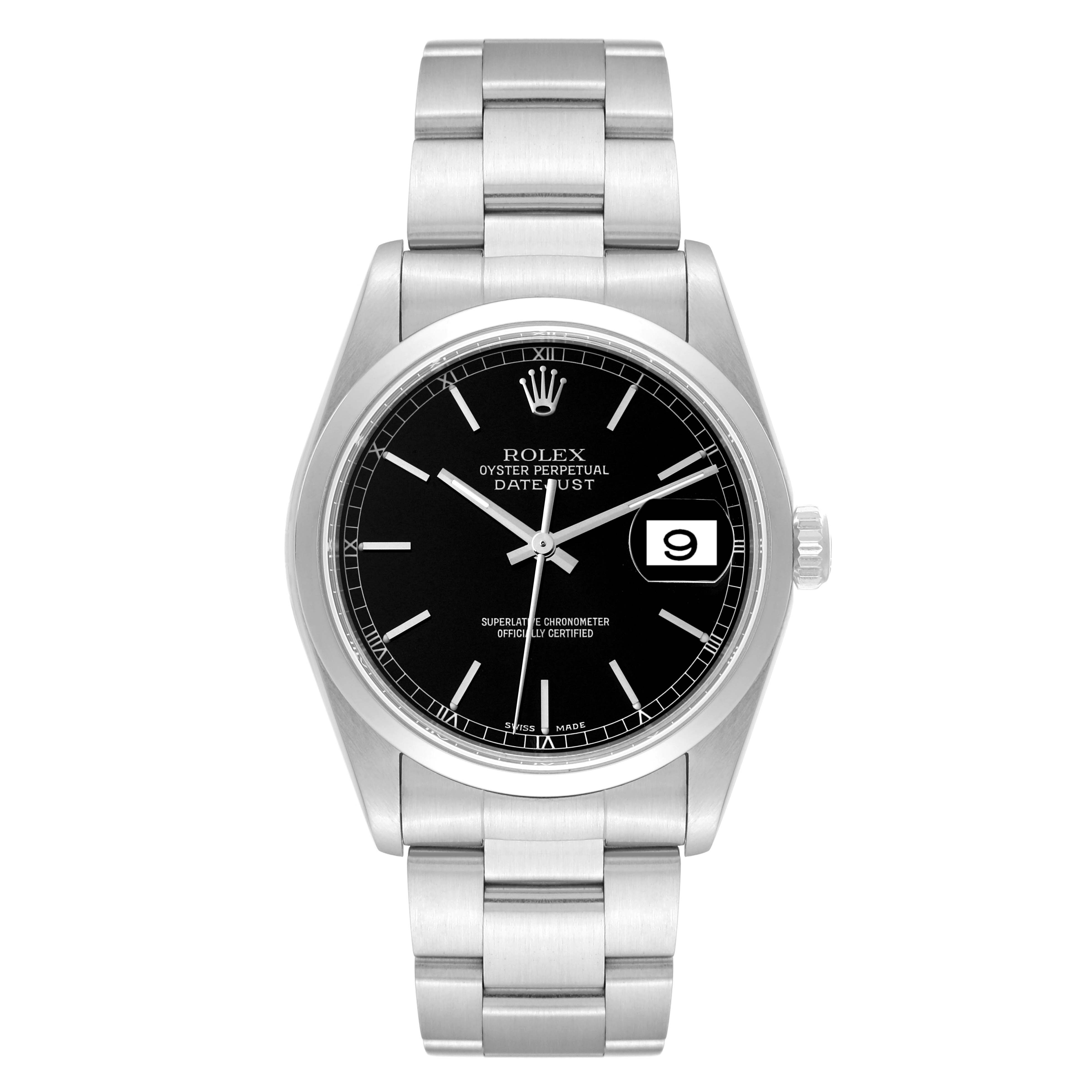 The Rolex Datejust 16200 Men's Stainless Steel Black Dial 16200 Men's Stainless Steel Black Dial watch is shown from a front view, displaying the face, crown, and bracelet.
