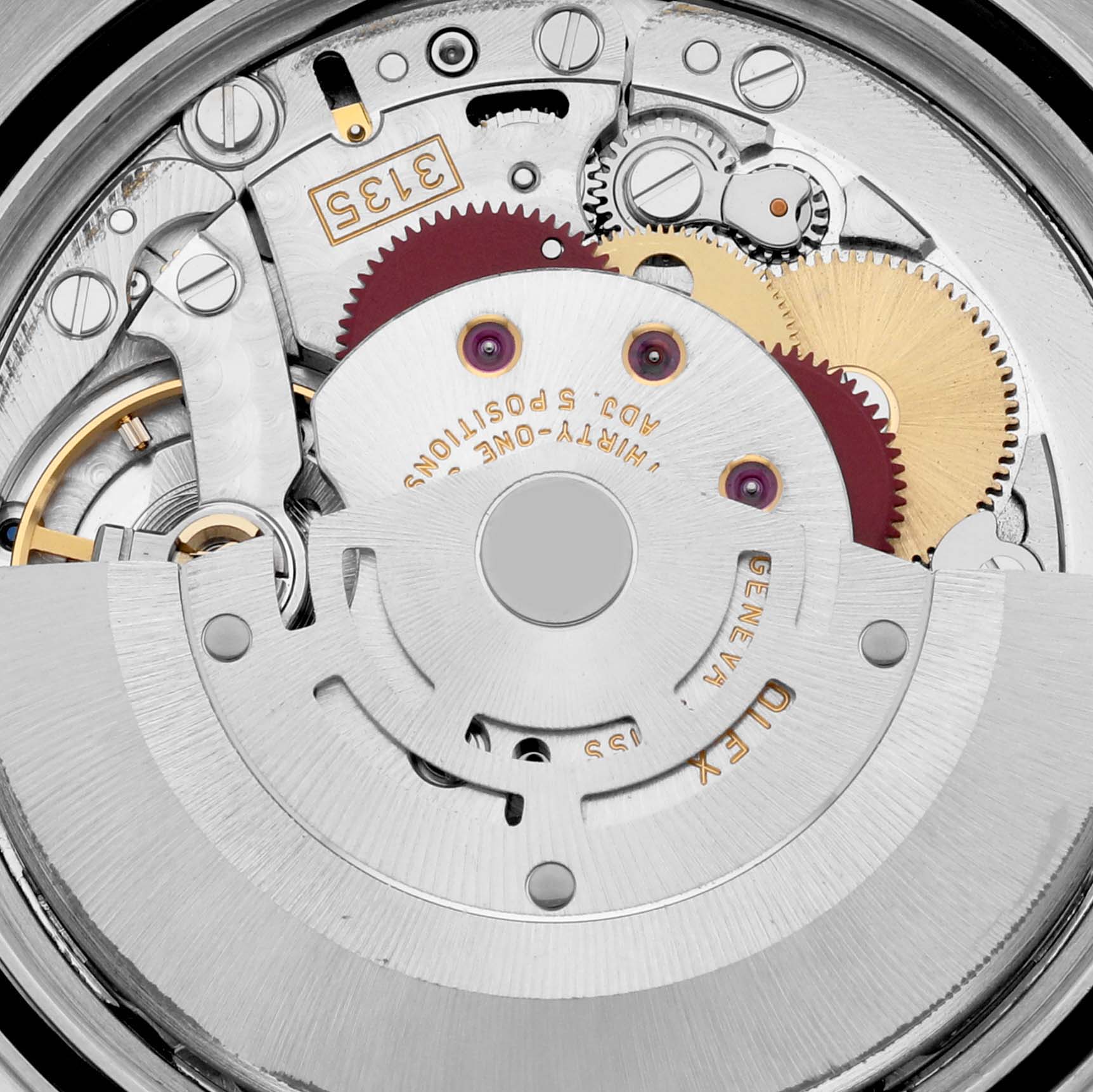 The image shows a close-up of the intricate movement mechanism inside a Rolex Datejust 16200 Men's Stainless Steel Black Dial 16200 Men's Stainless Steel Black Dial watch.