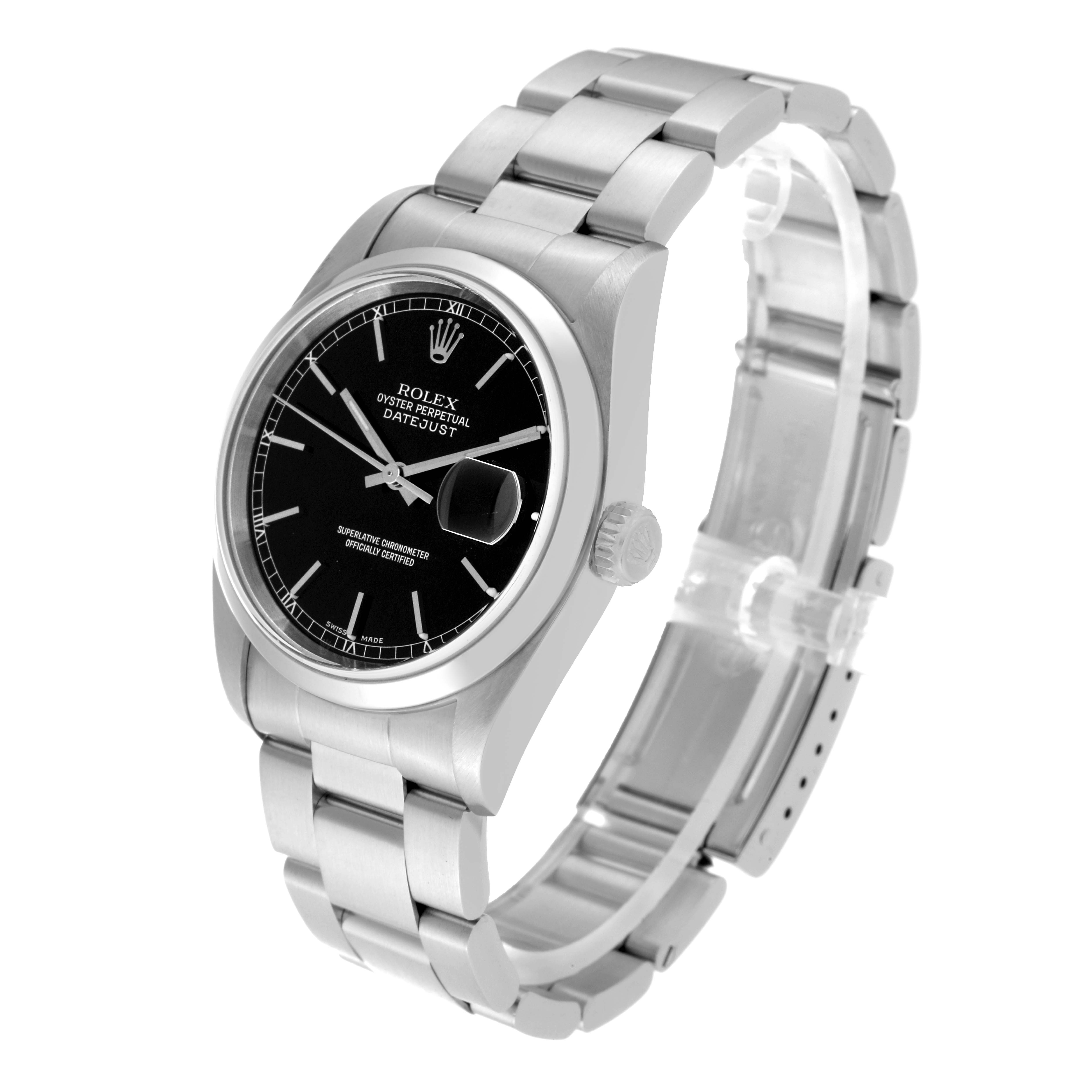 The Rolex Datejust 16200 Men's Stainless Steel Black Dial 16200 Men's Stainless Steel Black Dial watch image shows a side angle highlighting the bracelet, bezel, crown, and black dial with the date window.