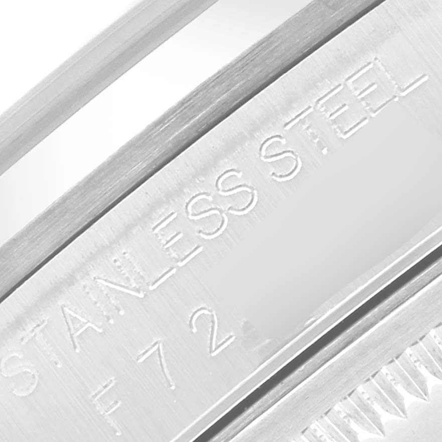 This close-up view shows part of the stainless steel case side of the Rolex Datejust 16200 Men's Stainless Steel Black Dial 16200 Men's Stainless Steel Black Dial.