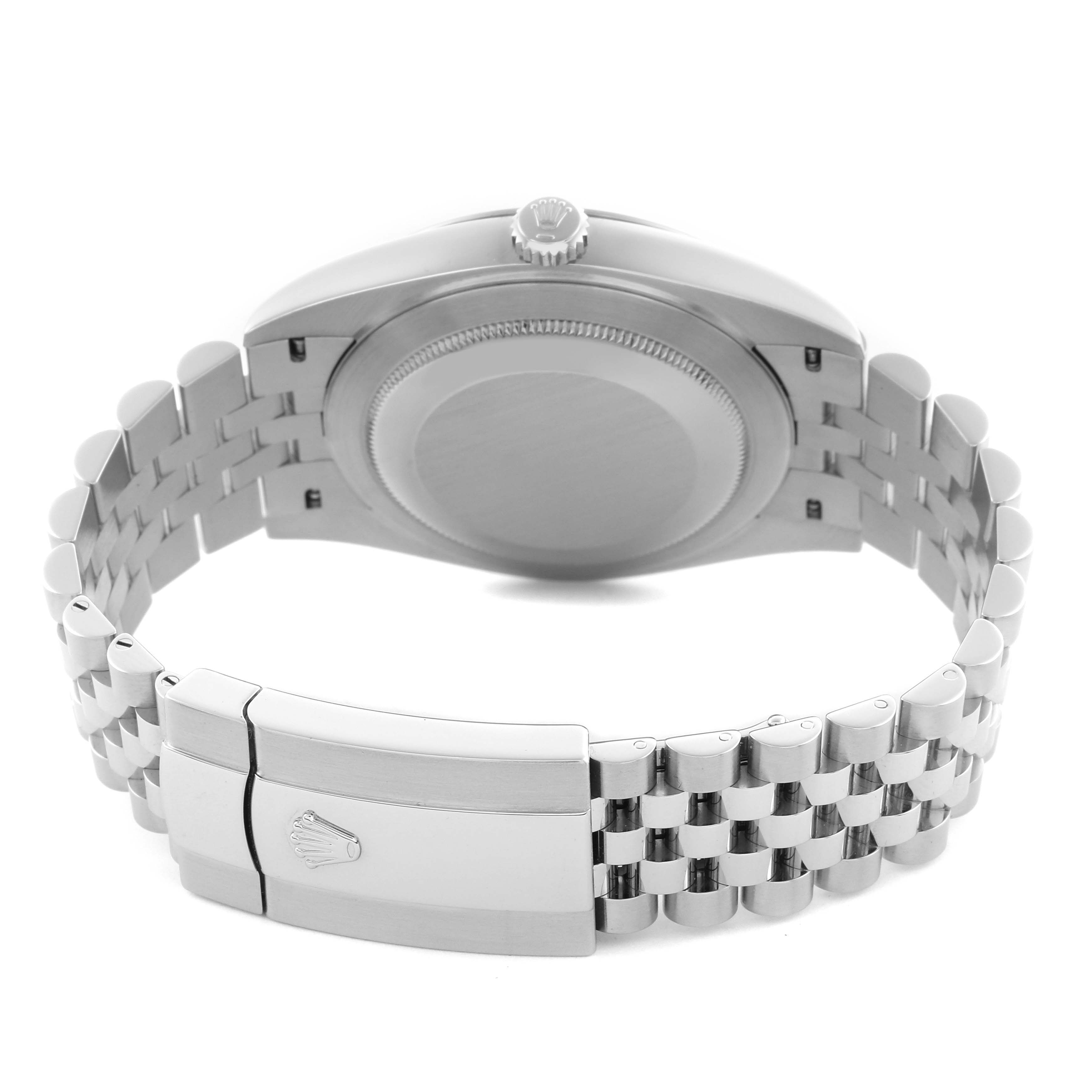 The Rolex Datejust 41 126300 Men
s Stainless Steel Blue Dial 126300 Men
s Stainless Steel Blue Dial is shown from the back, displaying the case back, bracelet, and clasp.