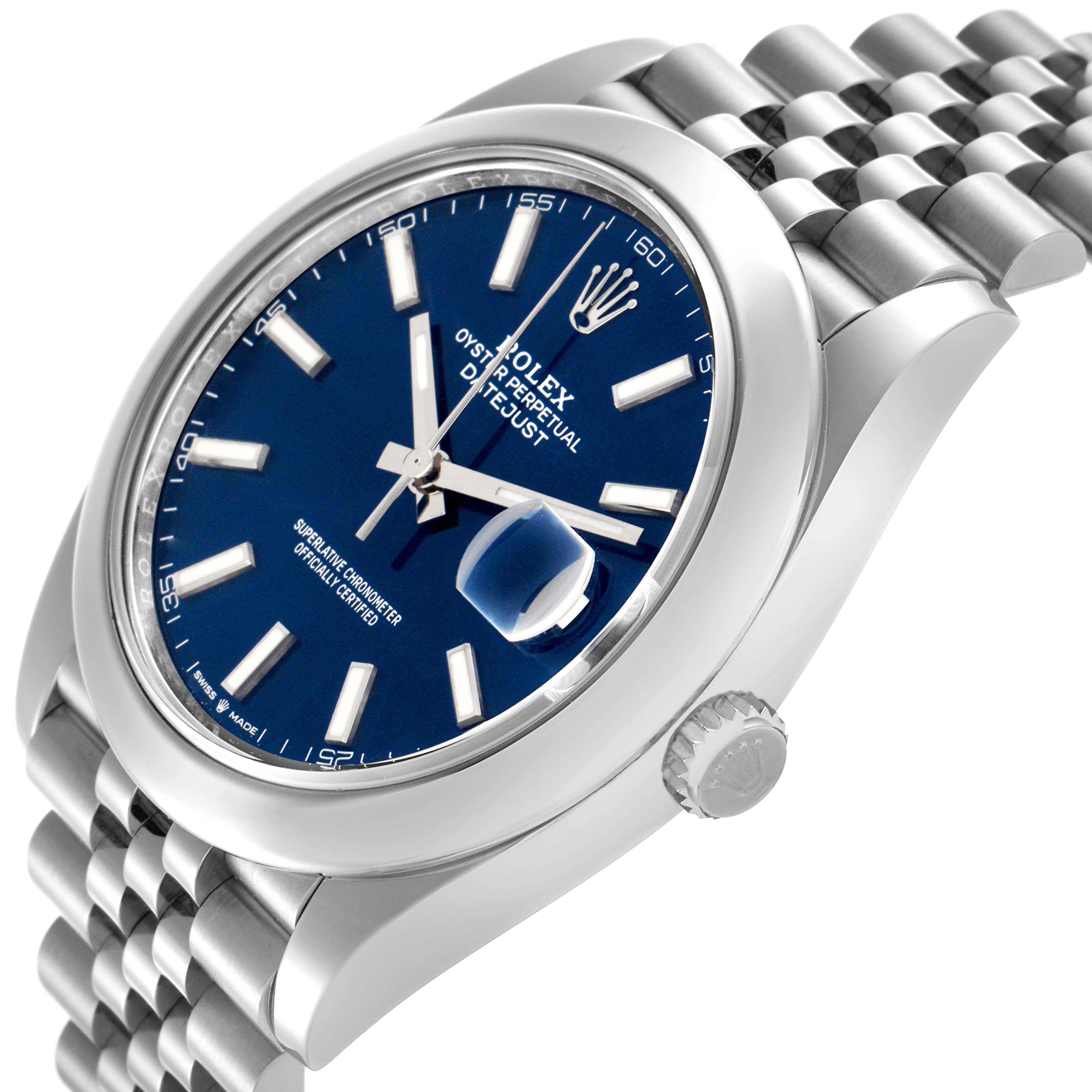 The Rolex Datejust 41 126300 Men
s Stainless Steel Blue Dial 126300 Men
s Stainless Steel Blue Dial is shown from a slight angle, highlighting the blue face, bezel, and Jubilee bracelet.