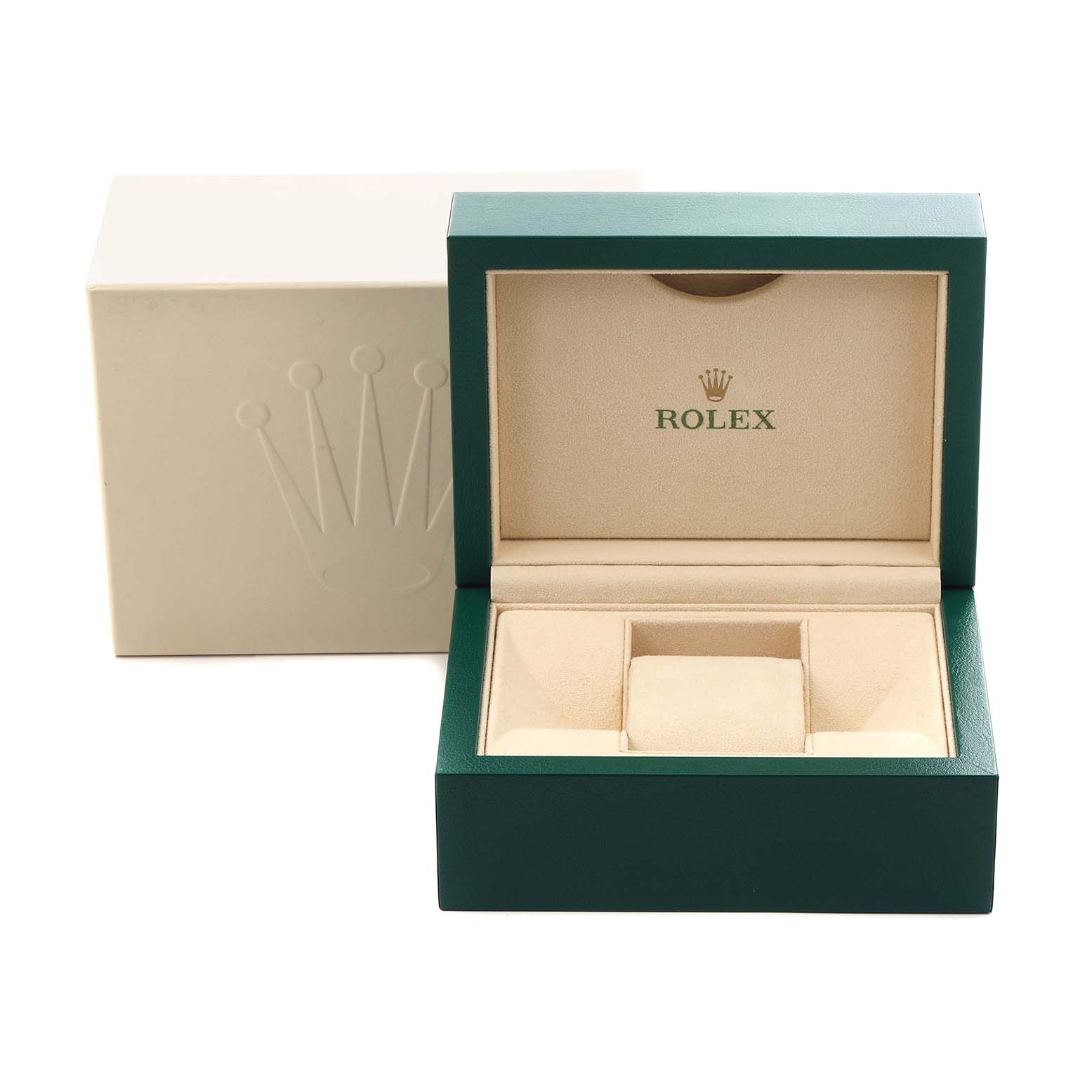 The image shows an open green Rolex watch box for the Datejust 41 model, revealing its beige interior with compartments.