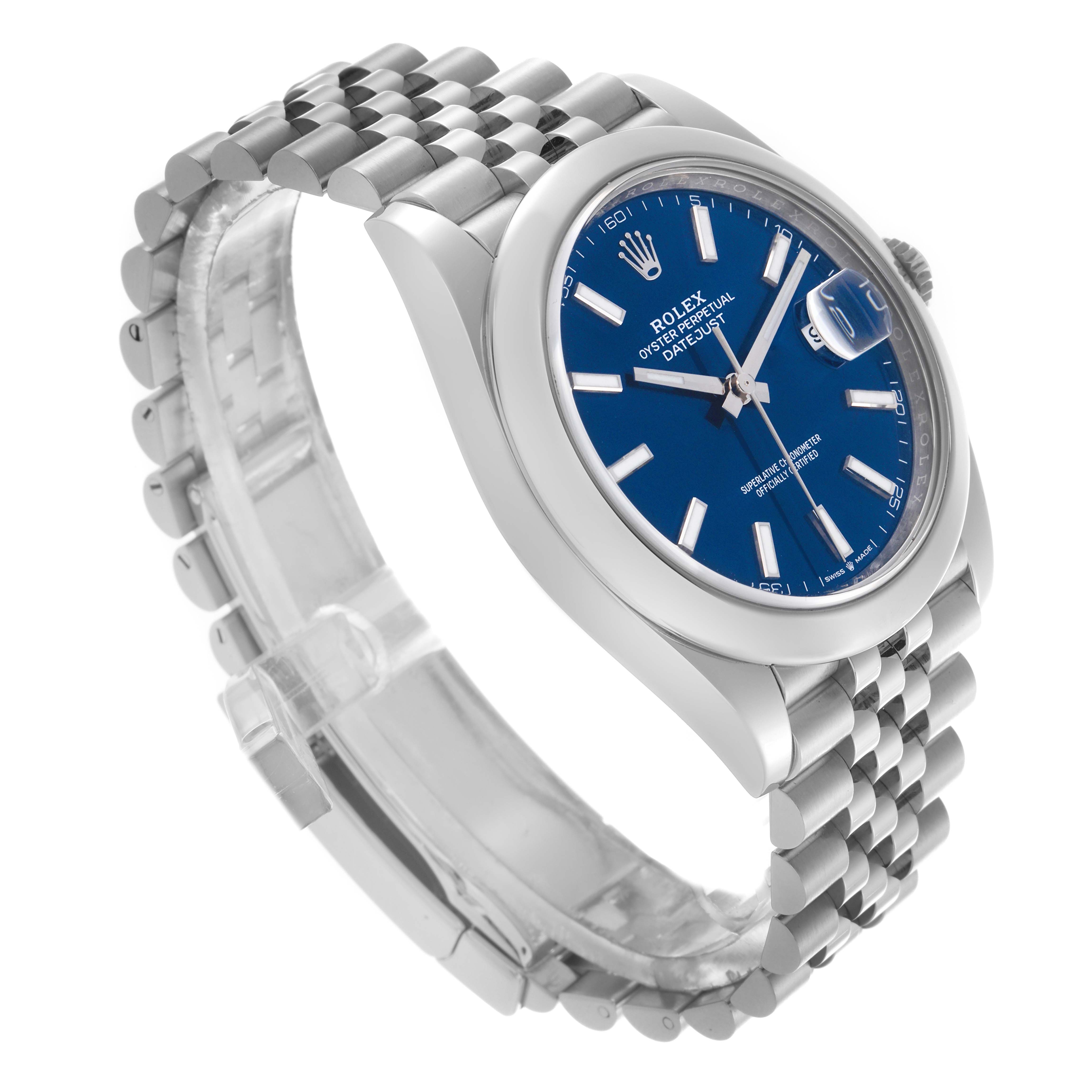 The Rolex Datejust 41 126300 Men
s Stainless Steel Blue Dial 126300 Men
s Stainless Steel Blue Dial is shown at a three-quarter angle, highlighting the blue dial, bezel, and Jubilee bracelet.