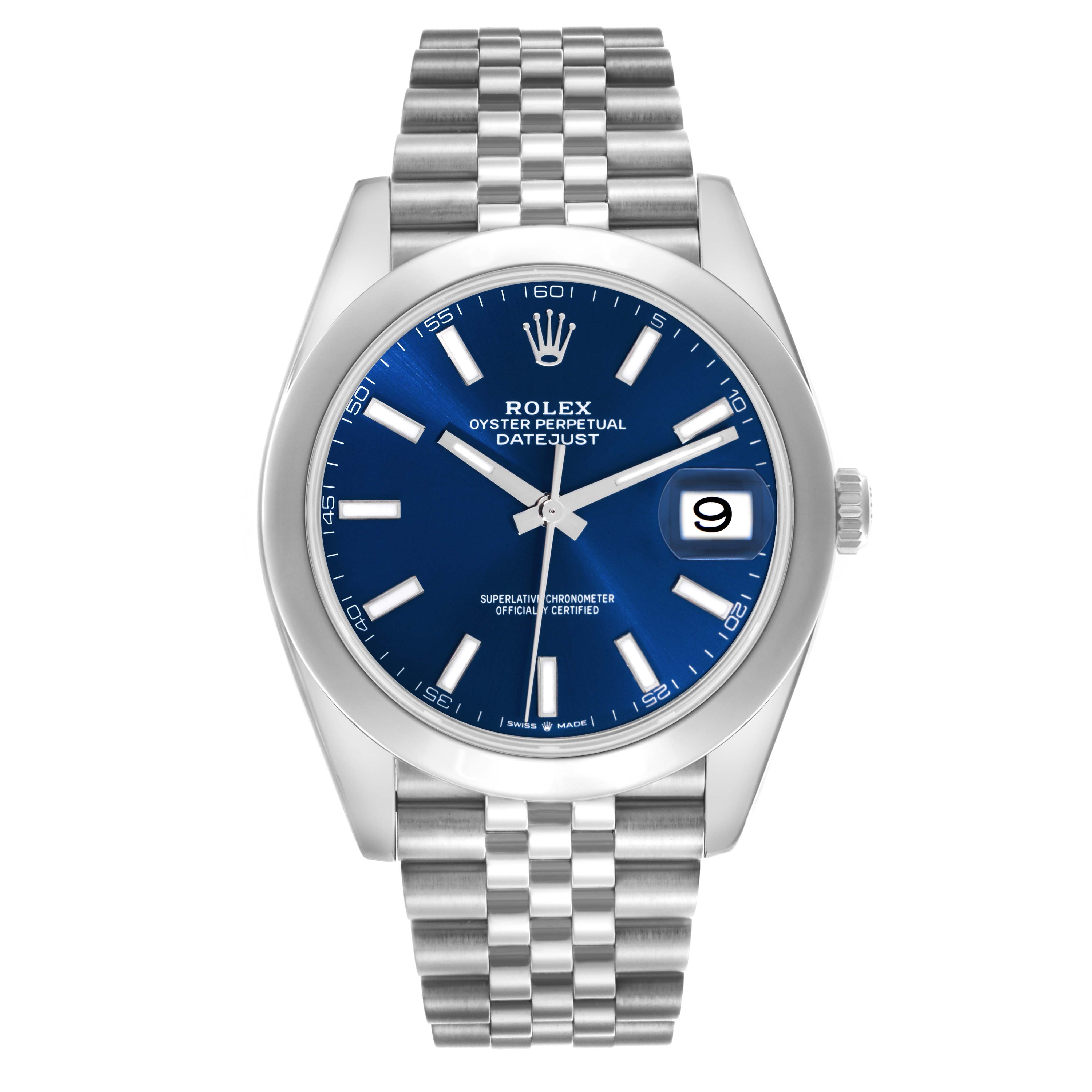 The Rolex Datejust 41 126300 Men
s Stainless Steel Blue Dial 126300 Men
s Stainless Steel Blue Dial watch is shown from the front, featuring a blue dial, silver hour markers, a jubilee bracelet, and a date window.
