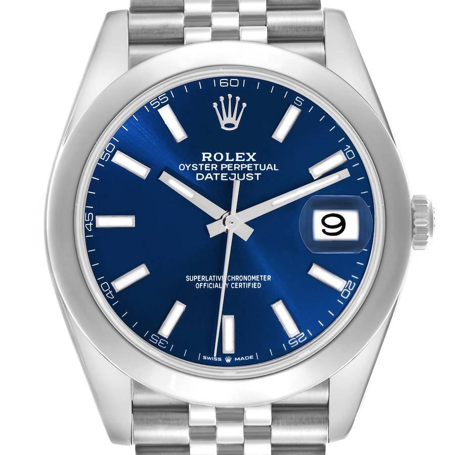 The Rolex Datejust 41 watch is shown from a front view, displaying the blue dial, markers, hands, date window, and part of the bracelet.
