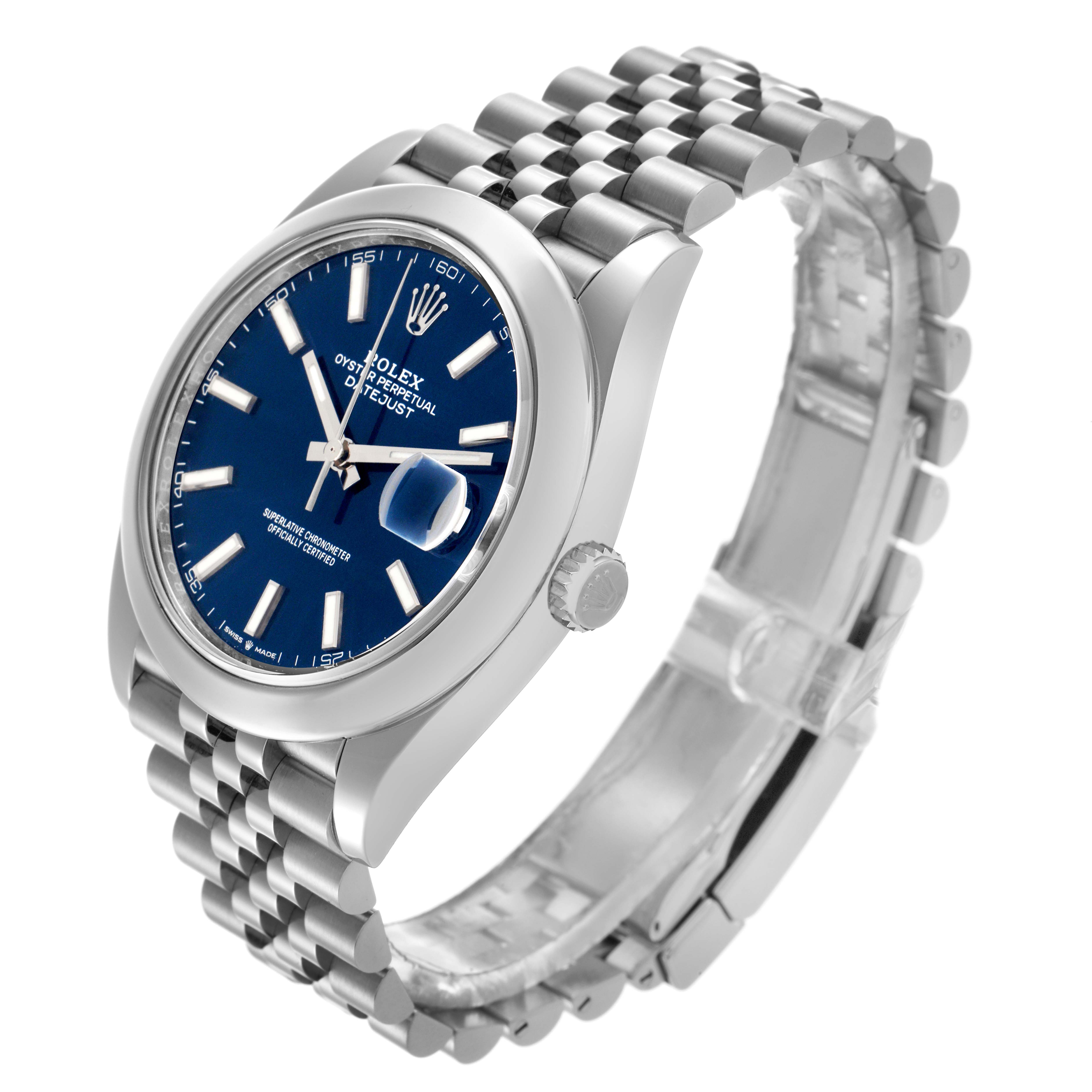 The Rolex Datejust 41 126300 Men
s Stainless Steel Blue Dial 126300 Men
s Stainless Steel Blue Dial is shown from an angled side view, displaying the face, bezel, crown, and part of the bracelet.