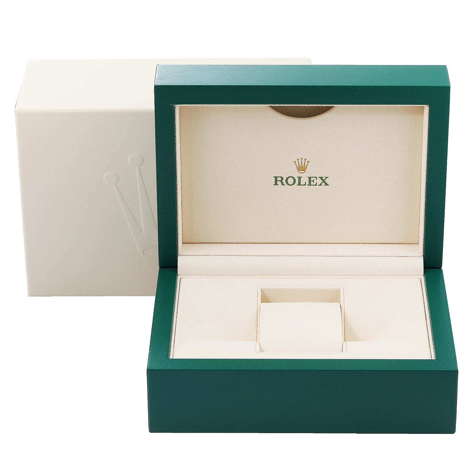 This image shows an open box for a Rolex Datejust 41 126300 Men's Stainless Steel Blue Dial 126300 Men's Stainless Steel Blue Dial, revealing its protective interior designed for the watch.