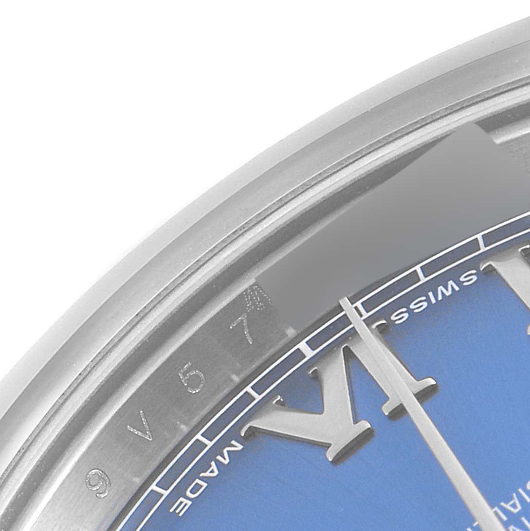 This image shows a close-up of the dial and bezel of the Rolex Datejust 41 126300 Men's Stainless Steel Blue Dial 126300 Men's Stainless Steel Blue Dial, highlighting the Roman numerals and "Swiss Made" text.