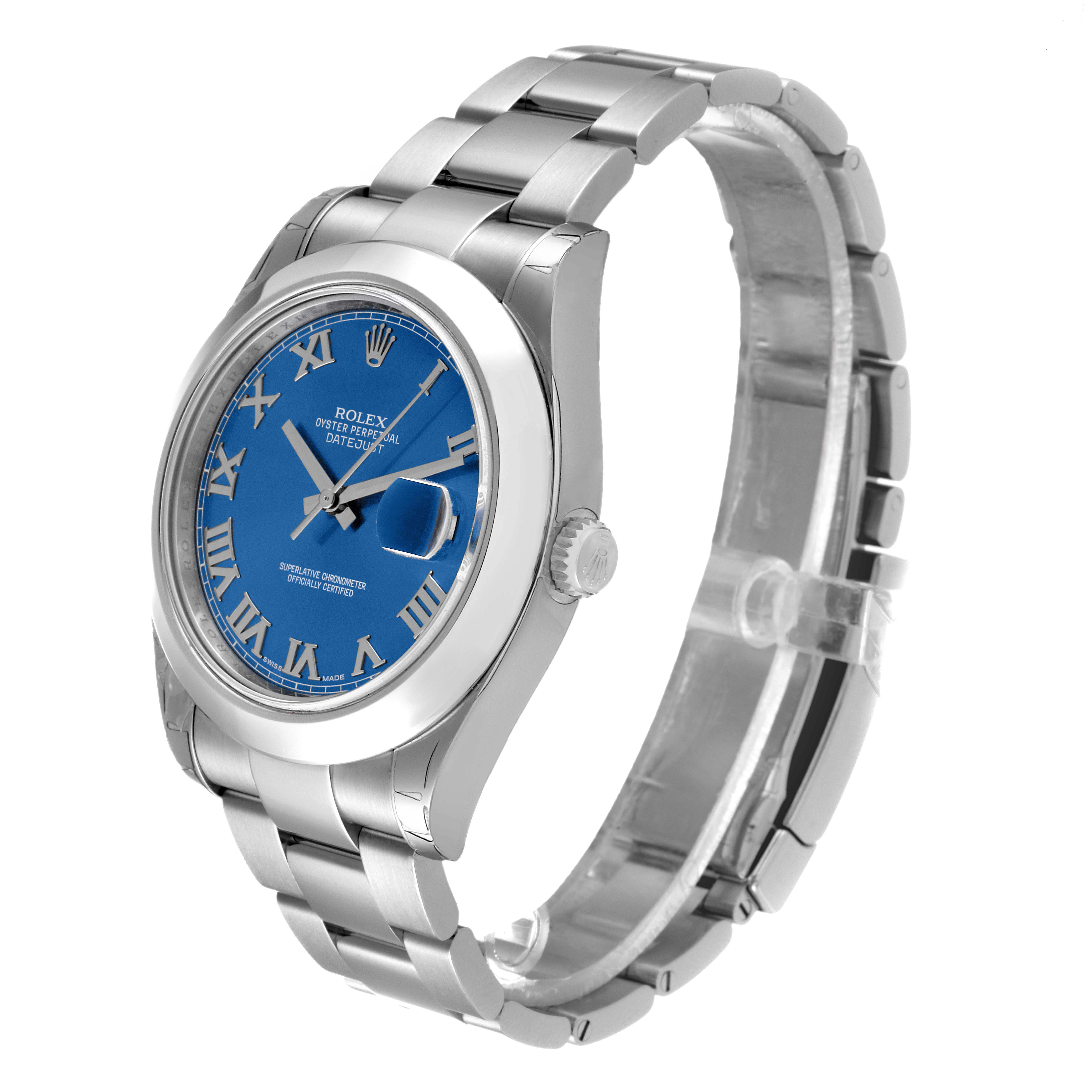 The image shows a side view of the Rolex Datejust 41 126300 Men's Stainless Steel Blue Dial 126300 Men's Stainless Steel Blue Dial model, including the dial, case, bracelet, and crown.
