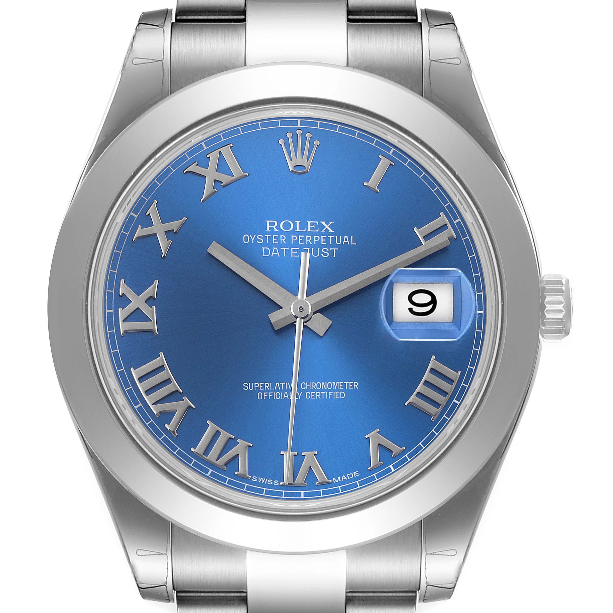 The image shows the face of a Rolex Datejust 41 126300 Men's Stainless Steel Blue Dial 126300 Men's Stainless Steel Blue Dial watch with a blue dial, Roman numerals, and a date window at the 3 o'clock position.