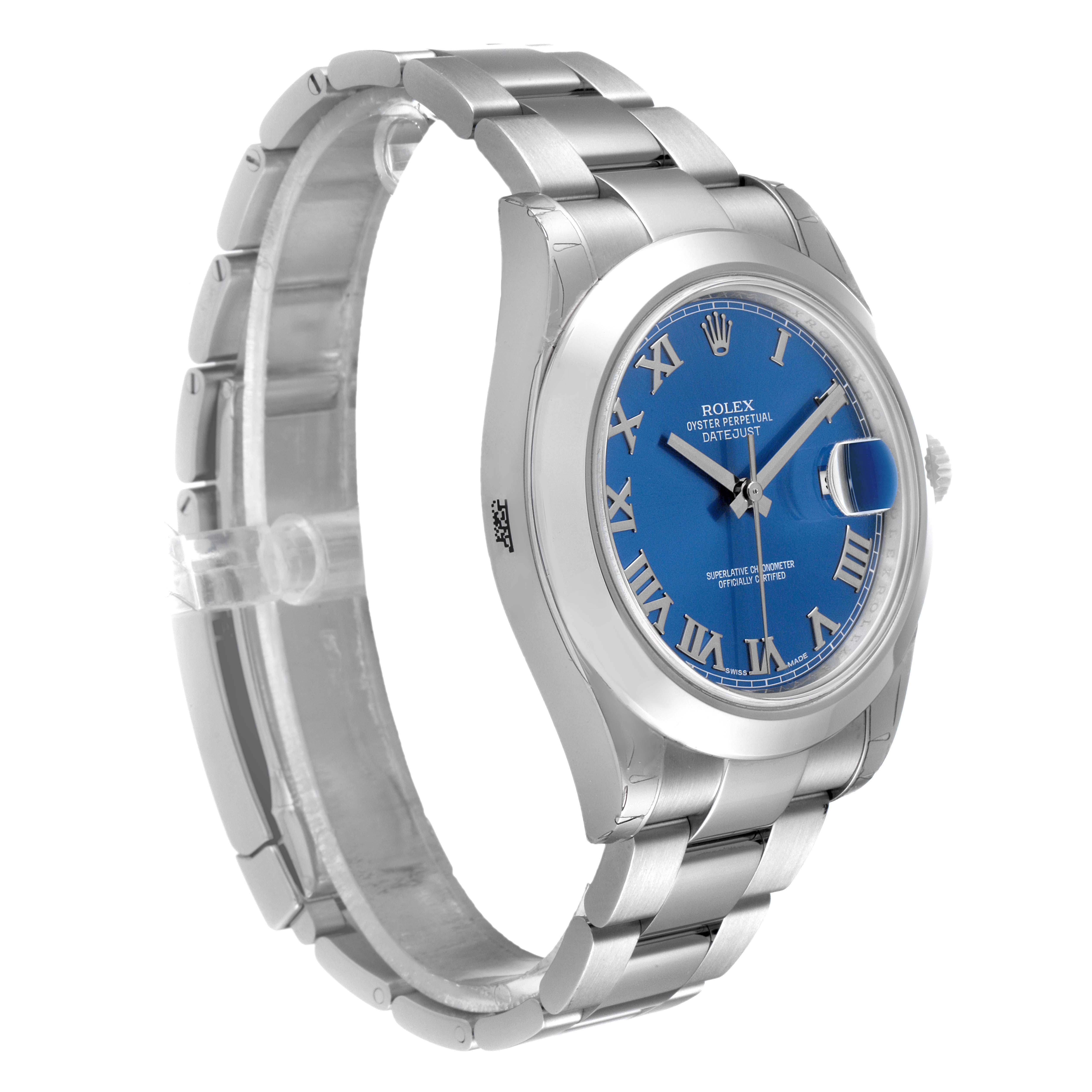 The Rolex Datejust 41 126300 Men's Stainless Steel Blue Dial 126300 Men's Stainless Steel Blue Dial watch is shown at an angled side view with a clear display of its blue dial, Roman numerals, and metal bracelet.