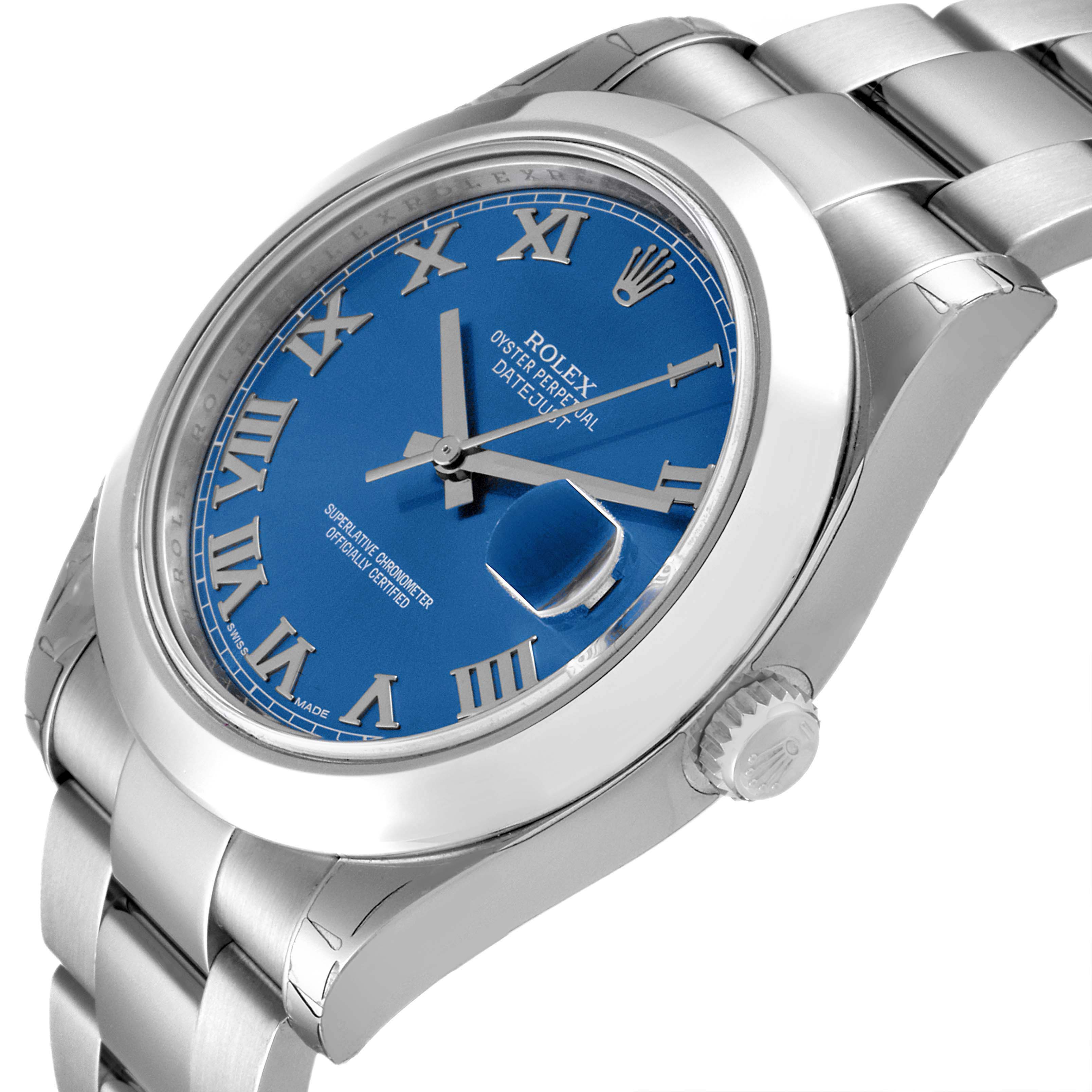 The image shows a Rolex Datejust 41 126300 Men's Stainless Steel Blue Dial 126300 Men's Stainless Steel Blue Dial watch at an oblique angle, highlighting the blue dial, Roman numerals, and metal bracelet.