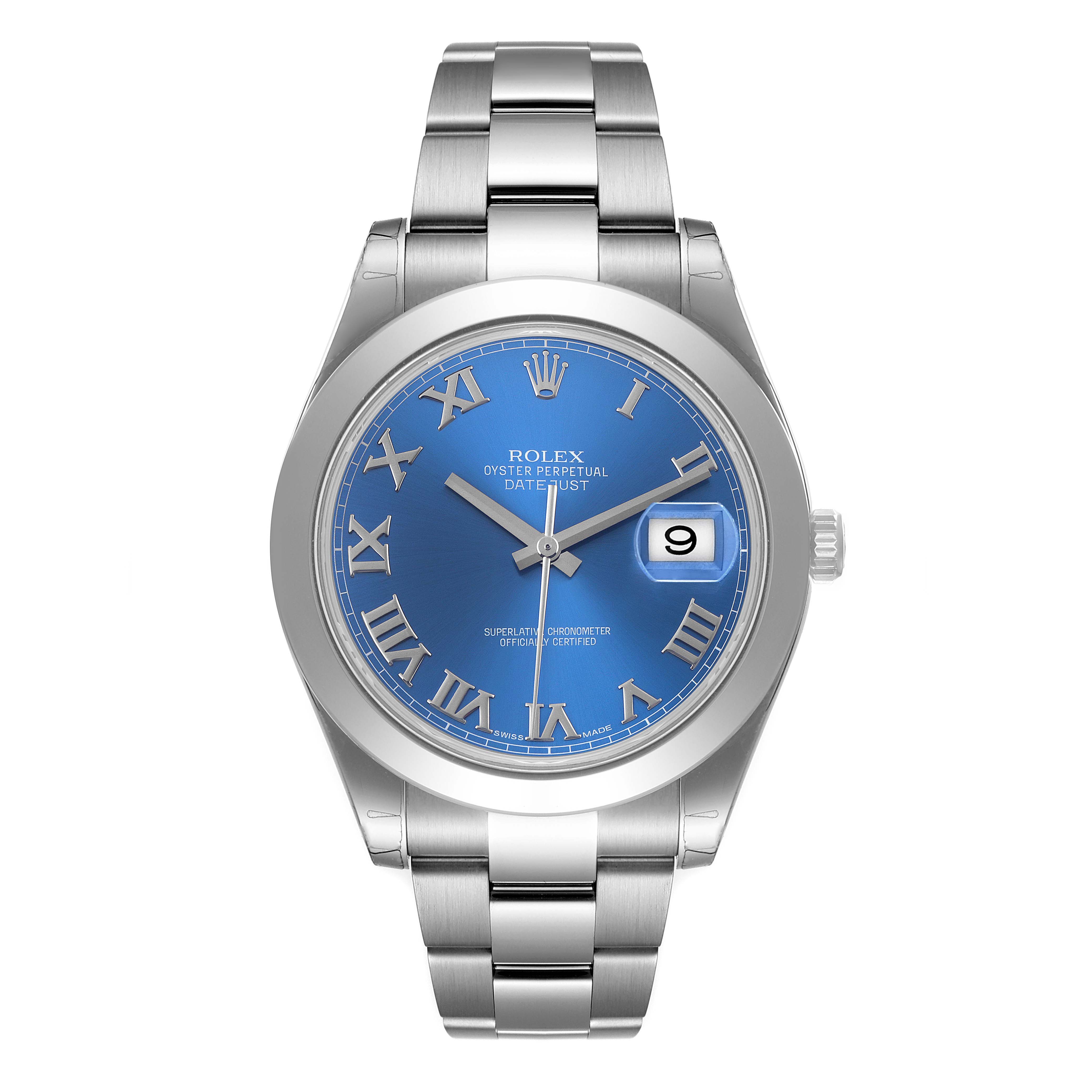 The image shows a full frontal view of the Rolex Datejust 41 126300 Men's Stainless Steel Blue Dial 126300 Men's Stainless Steel Blue Dial with a blue dial and a stainless steel bracelet.