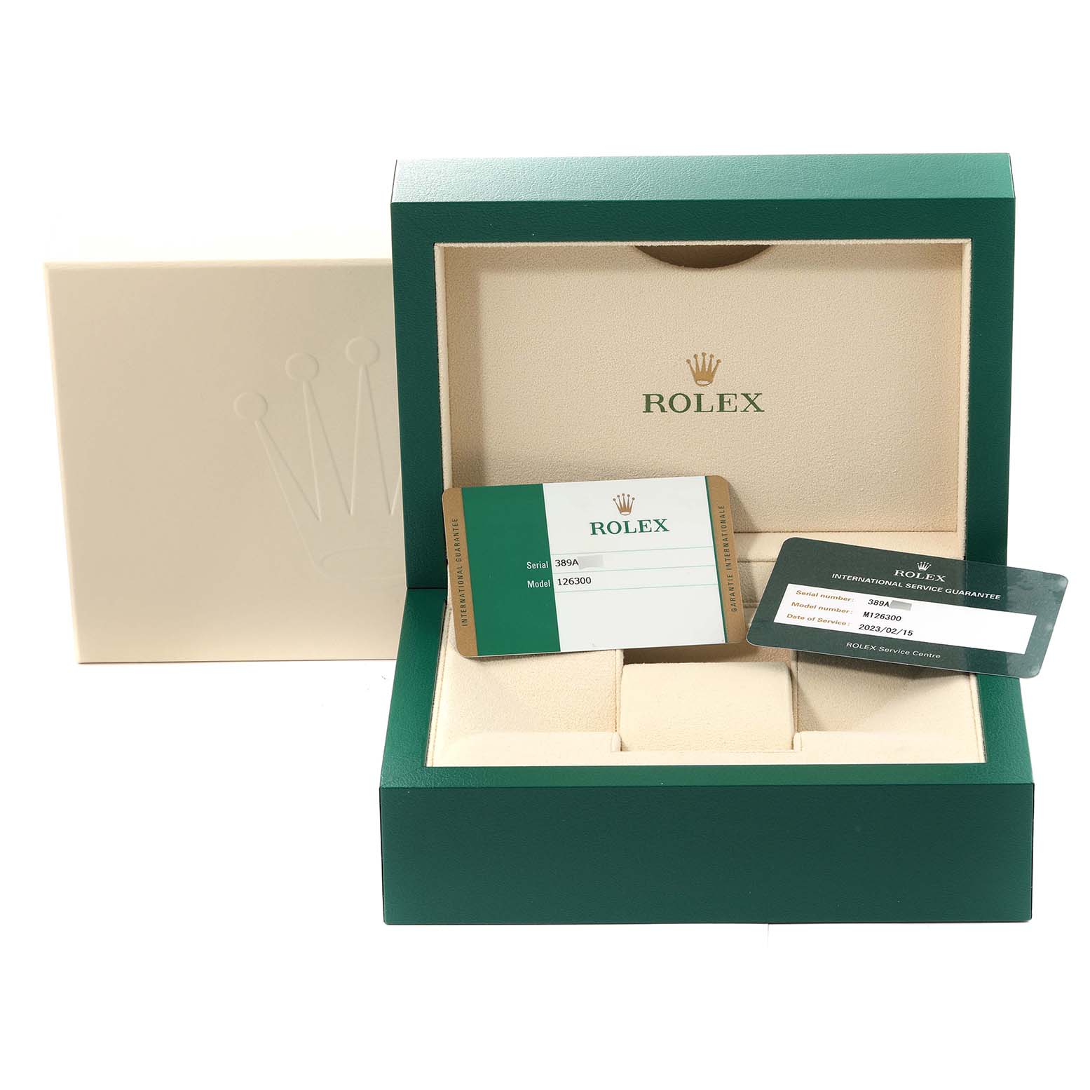 The image shows the packaging and documentation for a Rolex Datejust 41 126300 Men
s Stainless Steel Grey Dial 126300 Men
s Stainless Steel Grey Dial, including the box and warranty cards.