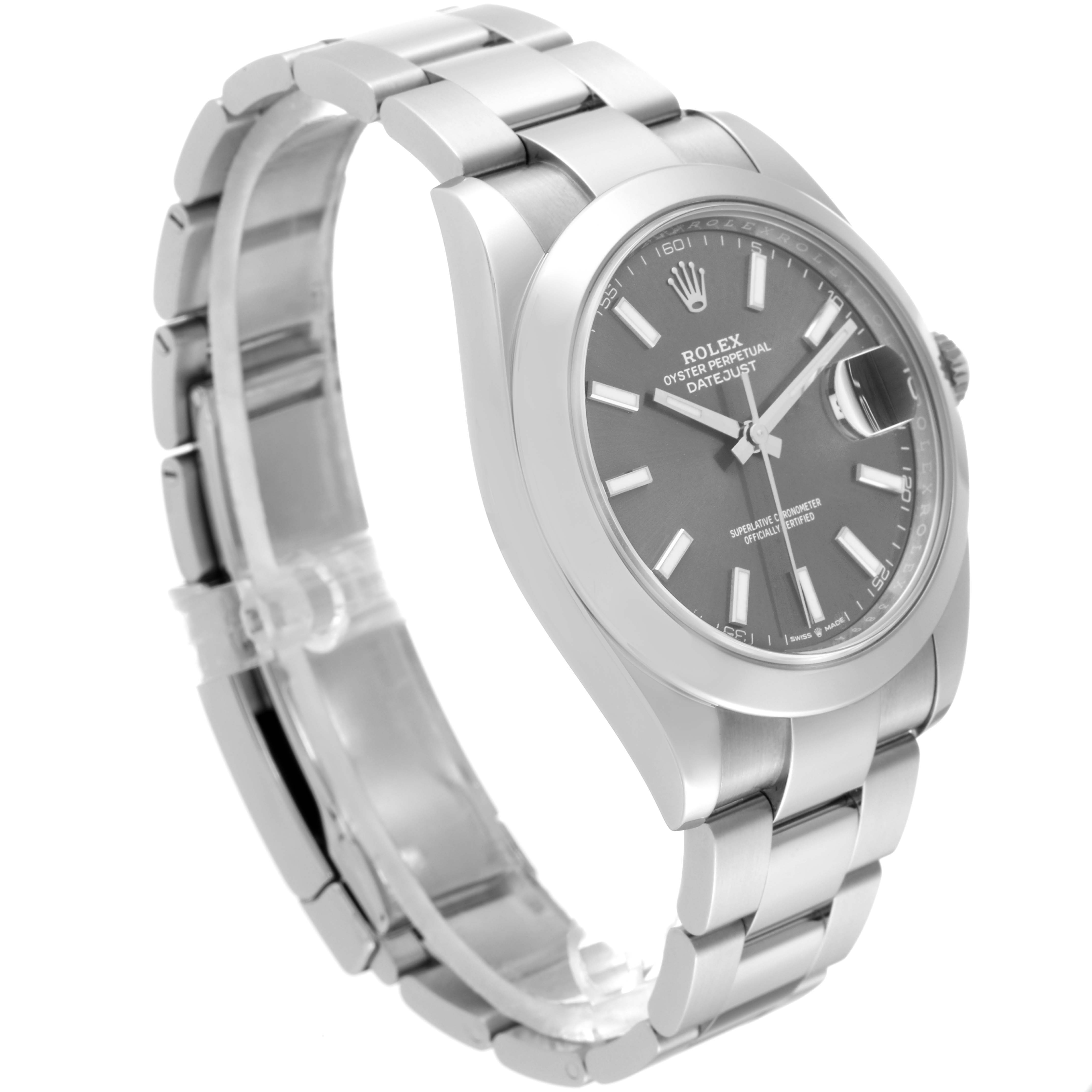 The image shows a Rolex Datejust 41 126300 Men
s Stainless Steel Grey Dial 126300 Men
s Stainless Steel Grey Dial watch at an angled view, highlighting its face, bracelet, and clasp.