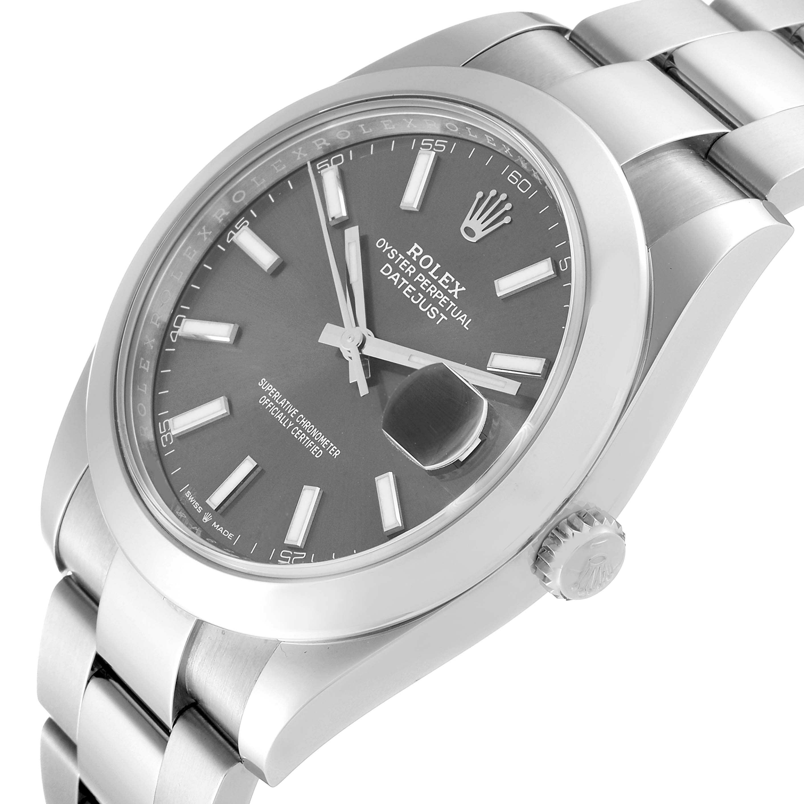 The image shows a Rolex Datejust 41 126300 Men
s Stainless Steel Grey Dial 126300 Men
s Stainless Steel Grey Dial watch from an angled side view, displaying the dial, bezel, and a portion of the bracelet.