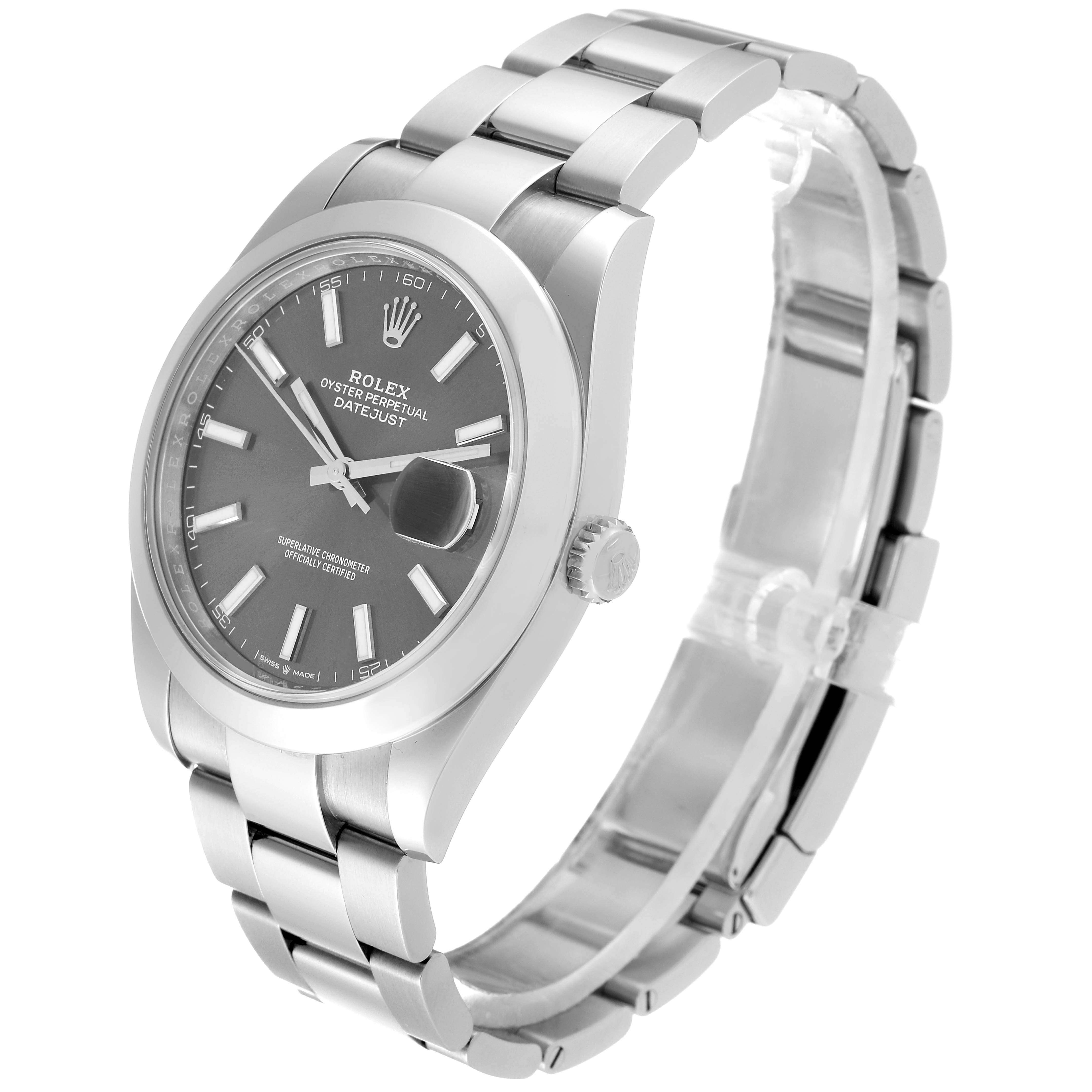 The Rolex Datejust 41 126300 Men
s Stainless Steel Grey Dial 126300 Men
s Stainless Steel Grey Dial watch is displayed at a right front angle, showing the bracelet, dial, and bezel clearly.
