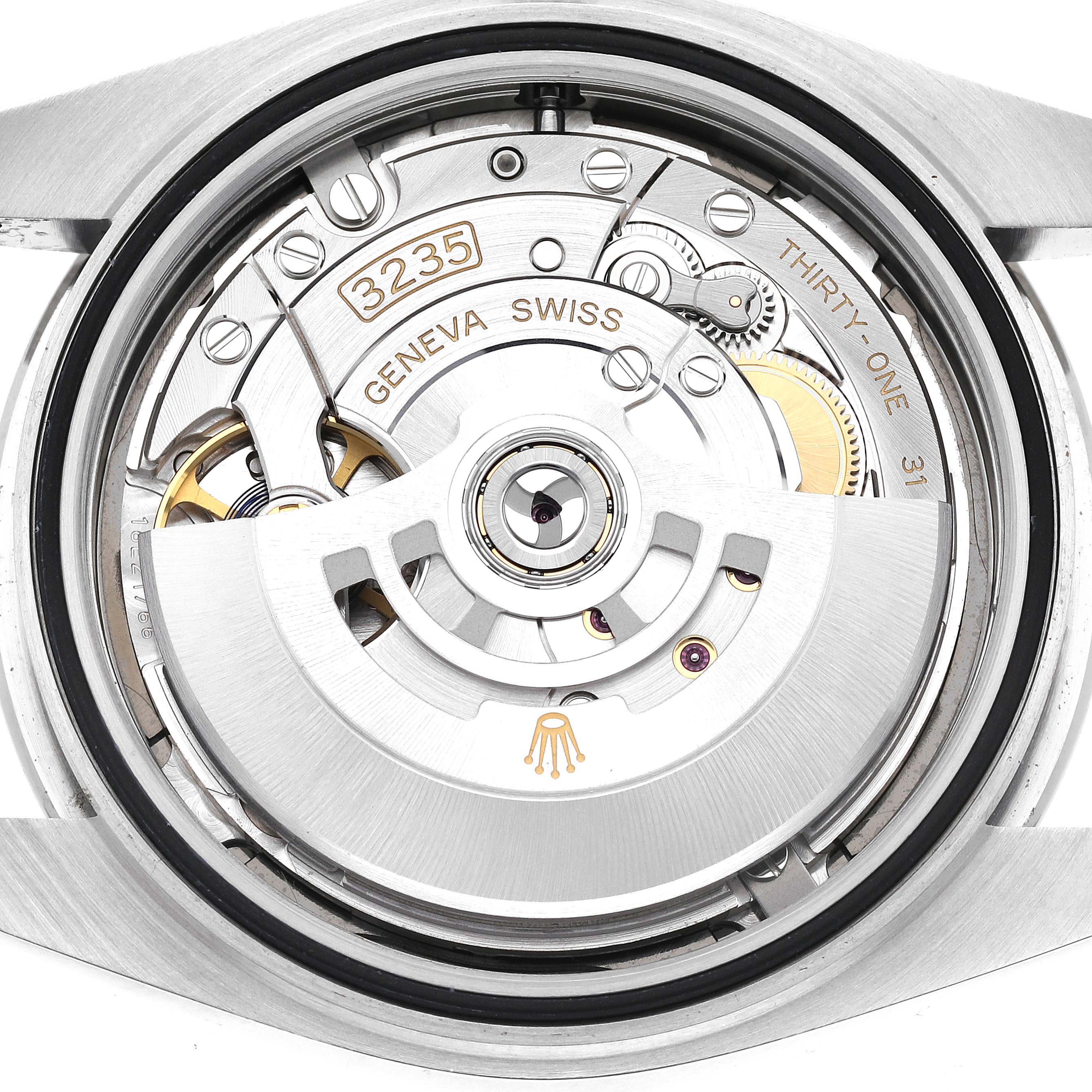 This image shows the movement and inner workings of a Rolex Datejust 41 126300 Men
s Stainless Steel Grey Dial 126300 Men
s Stainless Steel Grey Dial model, highlighting its intricate mechanical components.