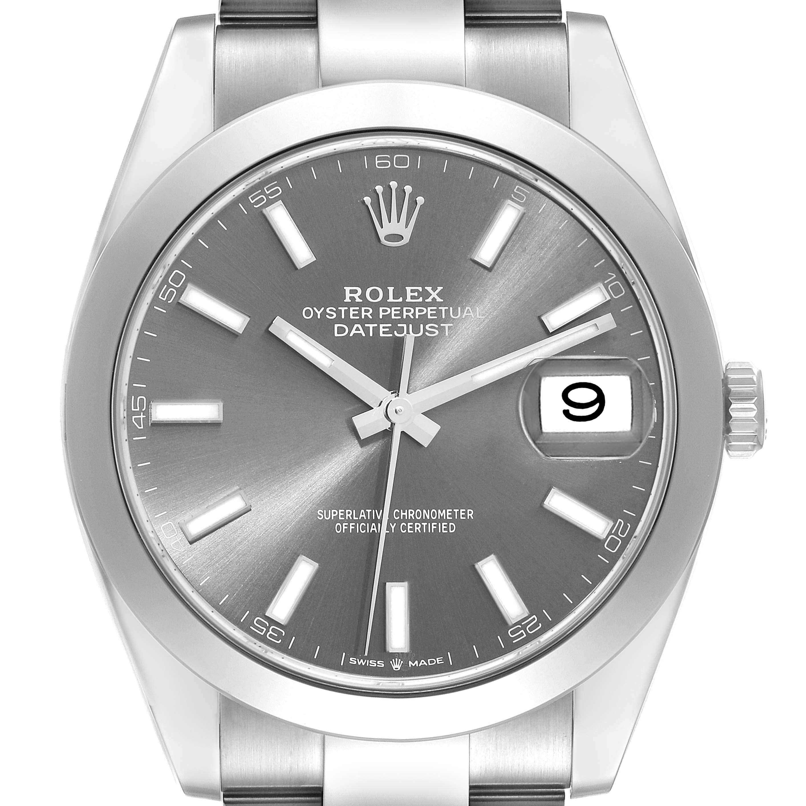 The image shows a frontal view of a Rolex Datejust 41 126300 Men
s Stainless Steel Grey Dial 126300 Men
s Stainless Steel Grey Dial watch, highlighting the dial, hands, date window, and part of the bracelet.
