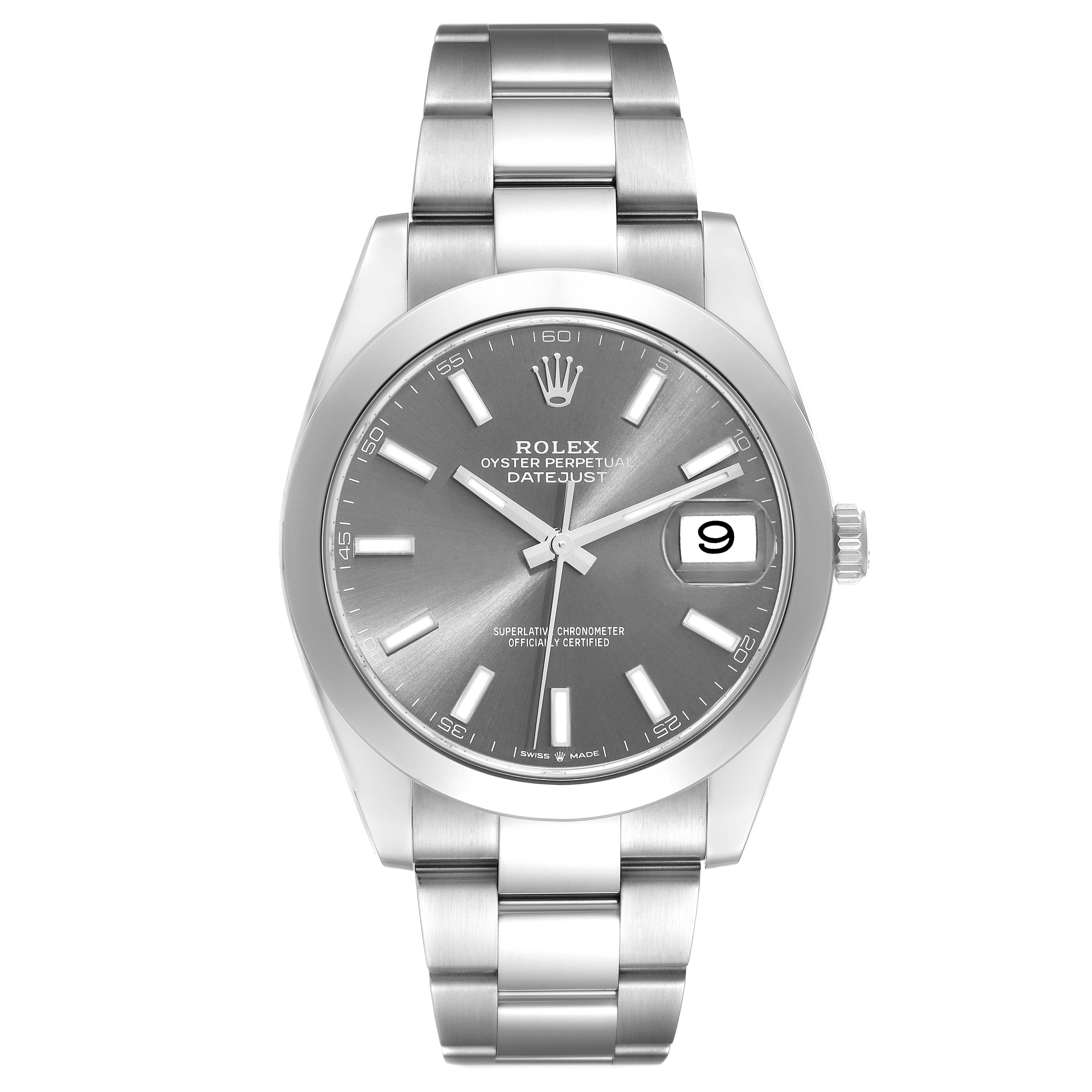 The Rolex Datejust 41 126300 Men
s Stainless Steel Grey Dial 126300 Men
s Stainless Steel Grey Dial watch is shown from a front angle, displaying the dial, case, bracelet, and date window.