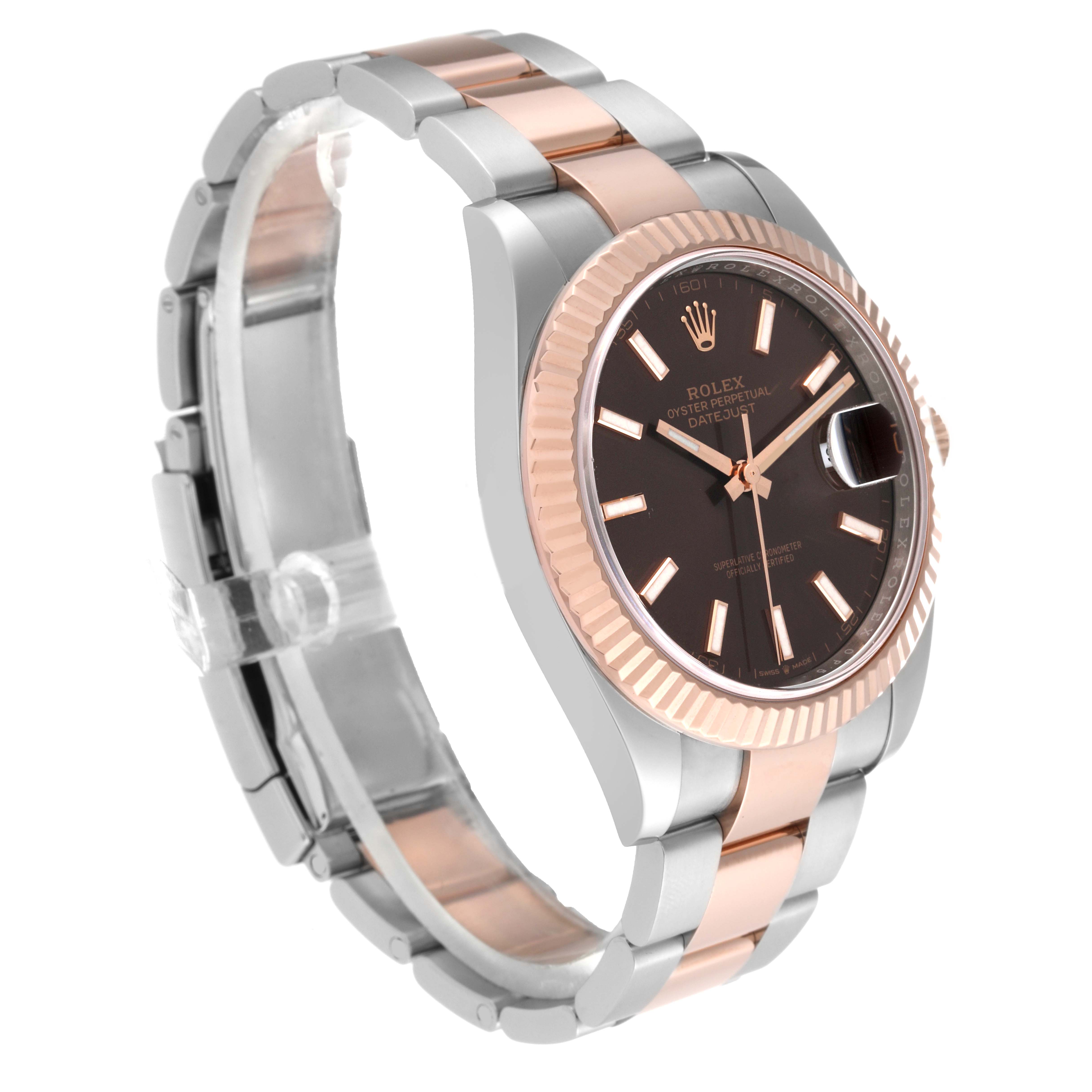 This image shows a side and front angle of a Rolex Datejust 41 126331 Men
s Steel and Gold (two tone) Brown Dial 126331 Men
s Steel and Gold (two tone) Brown Dial watch, highlighting its two-tone bracelet and fluted bezel.