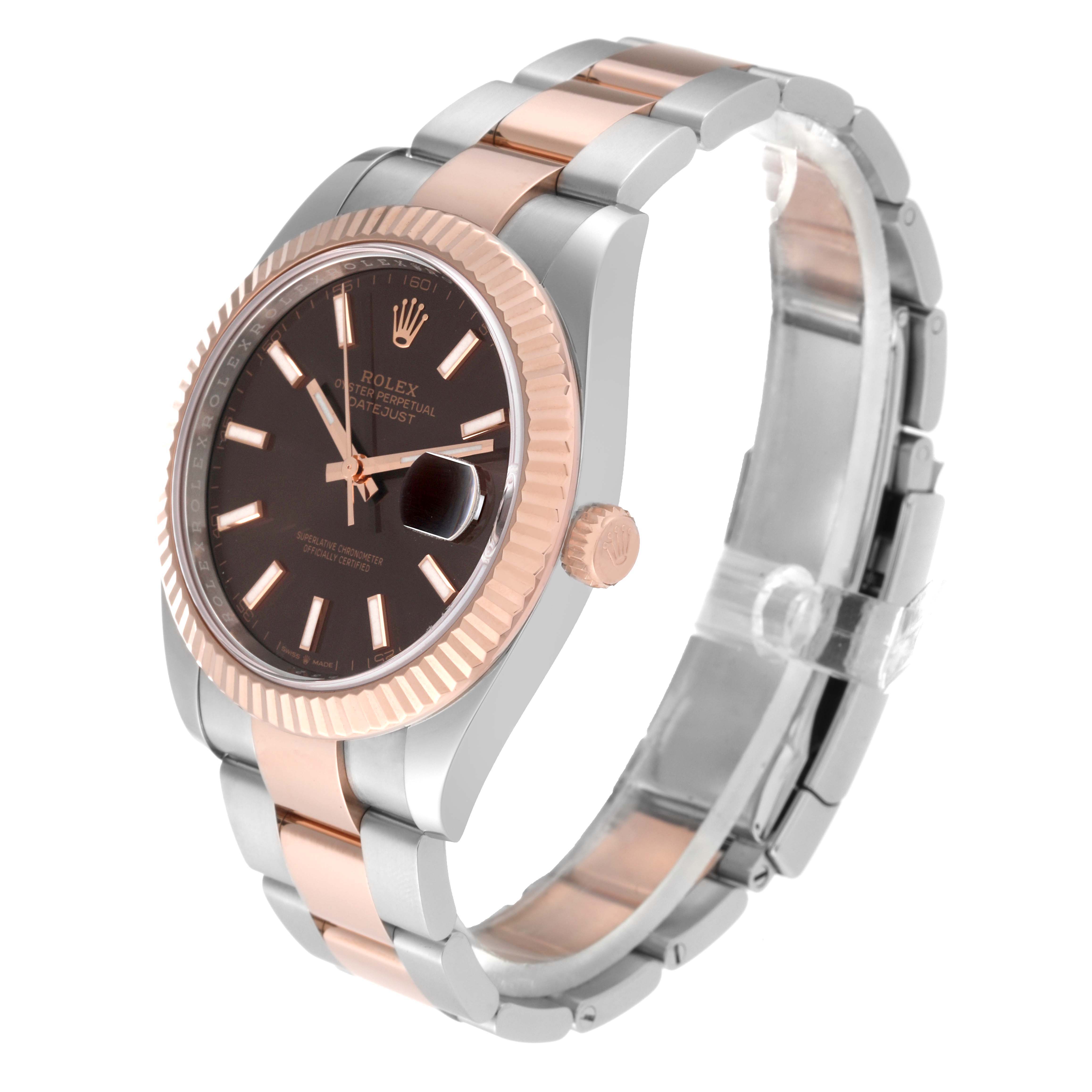 This image shows a Rolex Datejust 41 126331 Men
s Steel and Gold (two tone) Brown Dial 126331 Men
s Steel and Gold (two tone) Brown Dial watch from an angled side view, highlighting the two-tone bracelet, black dial, and fluted bezel.