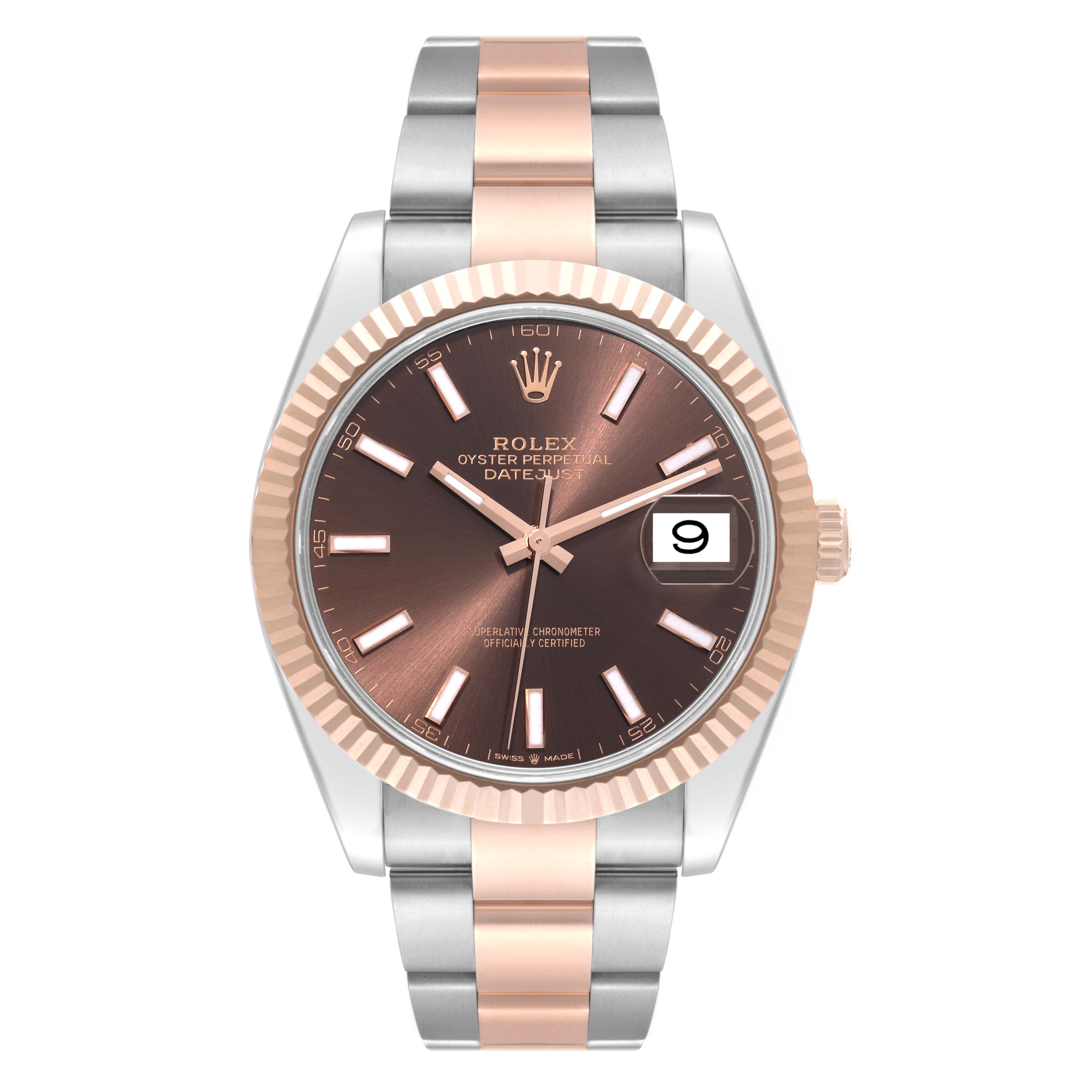 The image shows a front view of the Rolex Datejust 41 126331 Men
s Steel and Gold (two tone) Brown Dial 126331 Men
s Steel and Gold (two tone) Brown Dial watch, highlighting its dial, hands, date display, and two-tone bracelet.