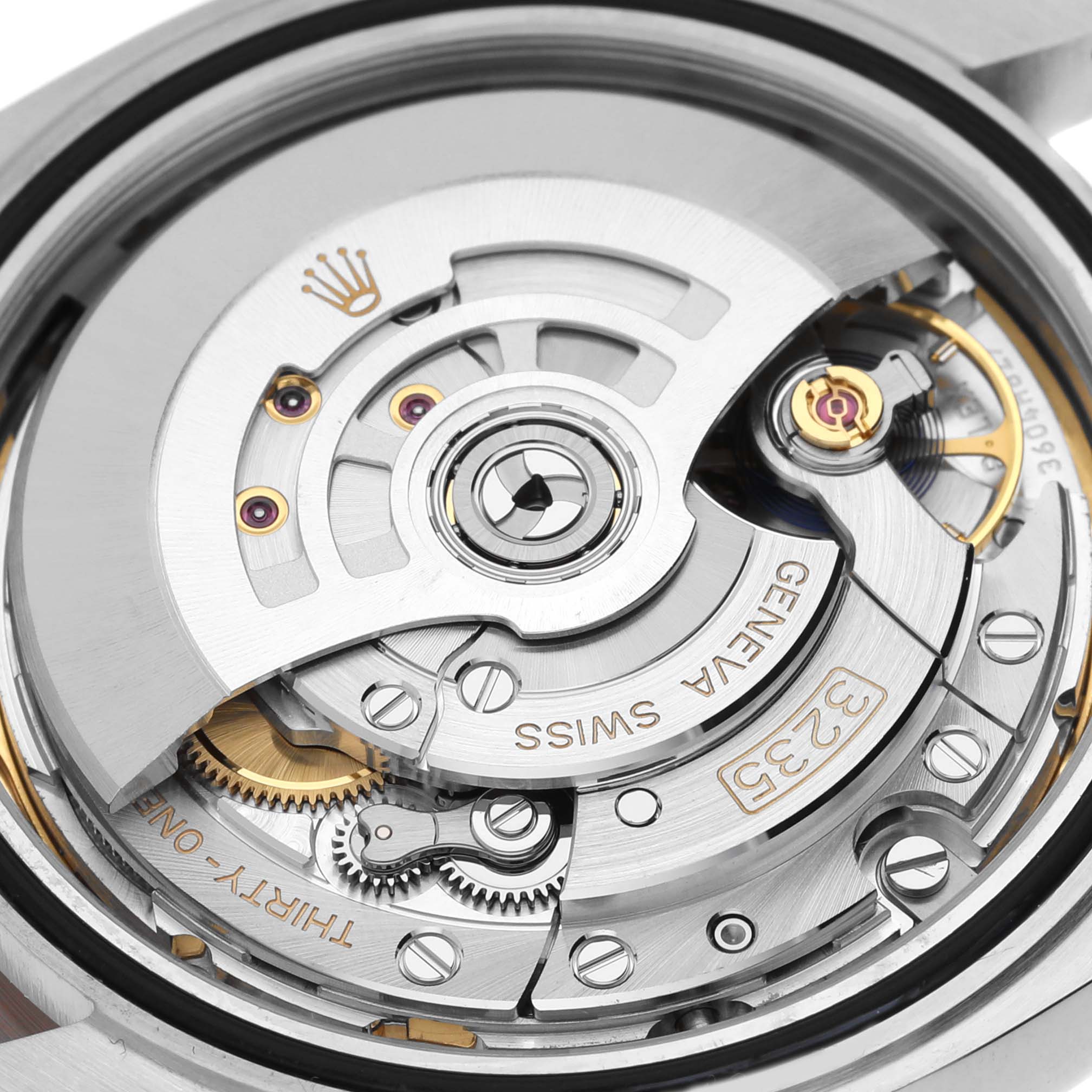 This image shows the intricate internal mechanical movement of the Rolex Datejust 41 126331 Men
s Steel and Gold (two tone) Brown Dial 126331 Men
s Steel and Gold (two tone) Brown Dial model watch, viewed from the back.