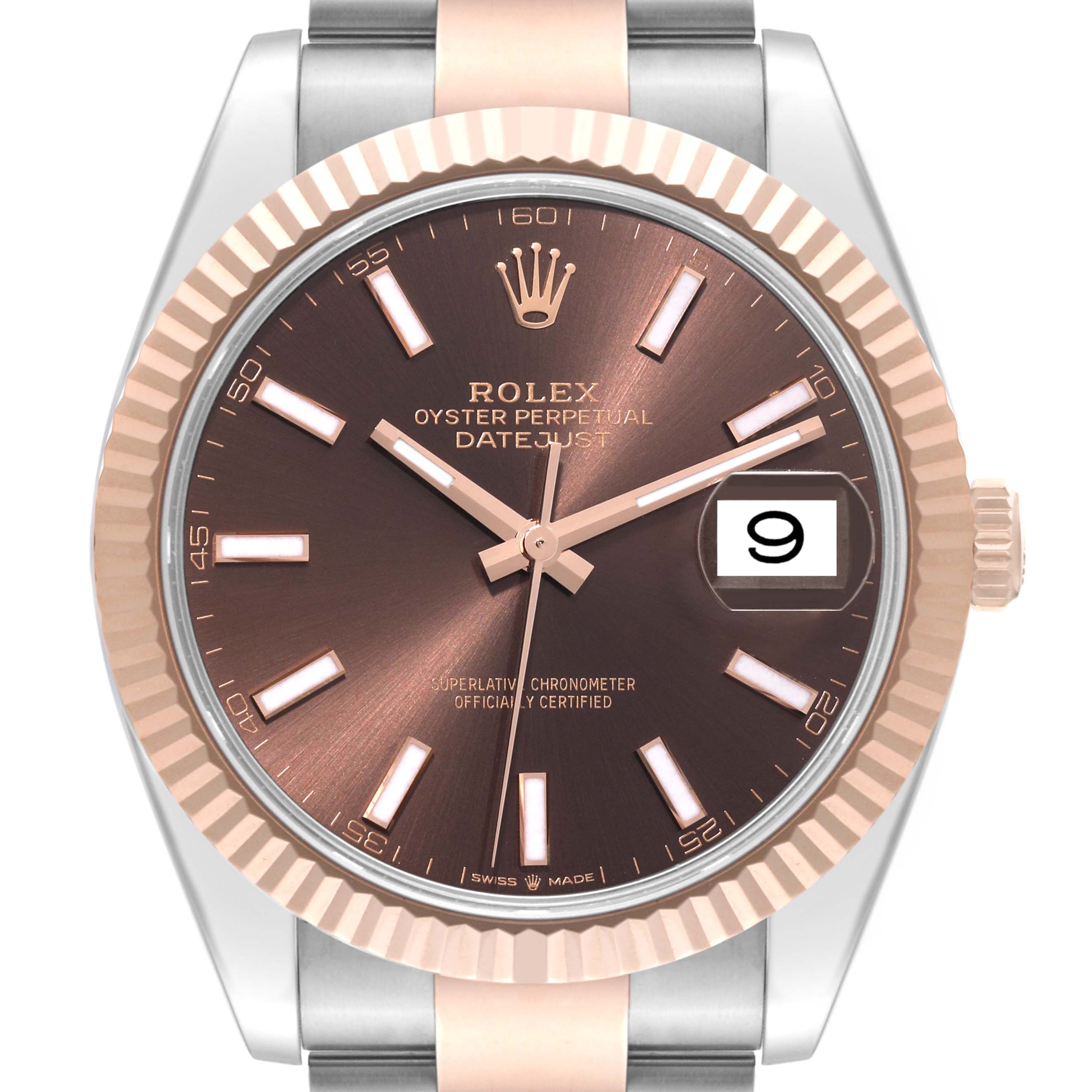 This image shows the Rolex Datejust 41 126331 Men
s Steel and Gold (two tone) Brown Dial 126331 Men
s Steel and Gold (two tone) Brown Dial watch from a front angle, highlighting the face, bezel, crown, and part of the bracelet.