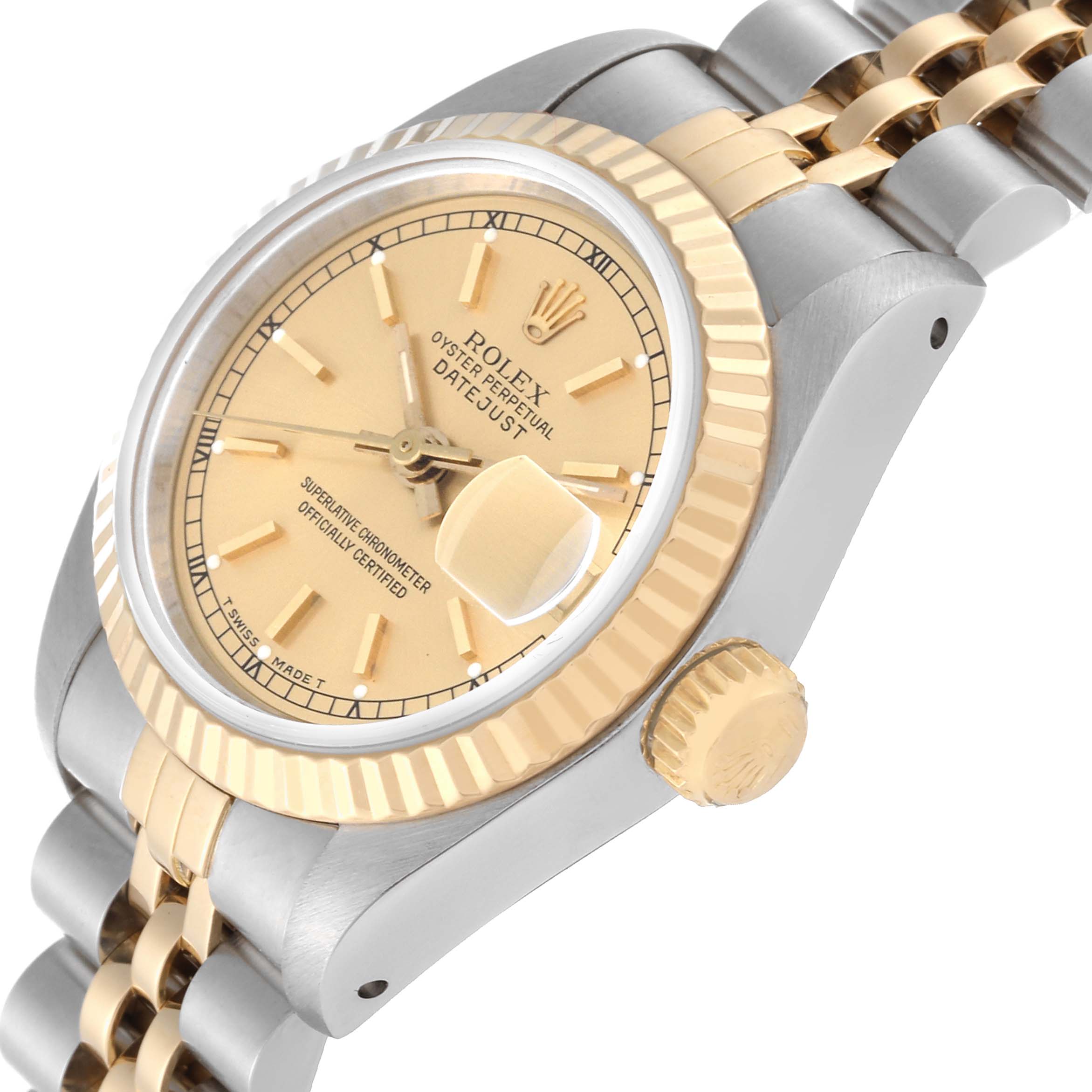 The Rolex Datejust 69173 Women
s Steel and Gold (two tone) Champagne Dial 69173 Women
s Steel and Gold (two tone) Champagne Dial watch is shown at an angle displaying the dial, crown, fluted bezel, and part of the two-tone bracelet.