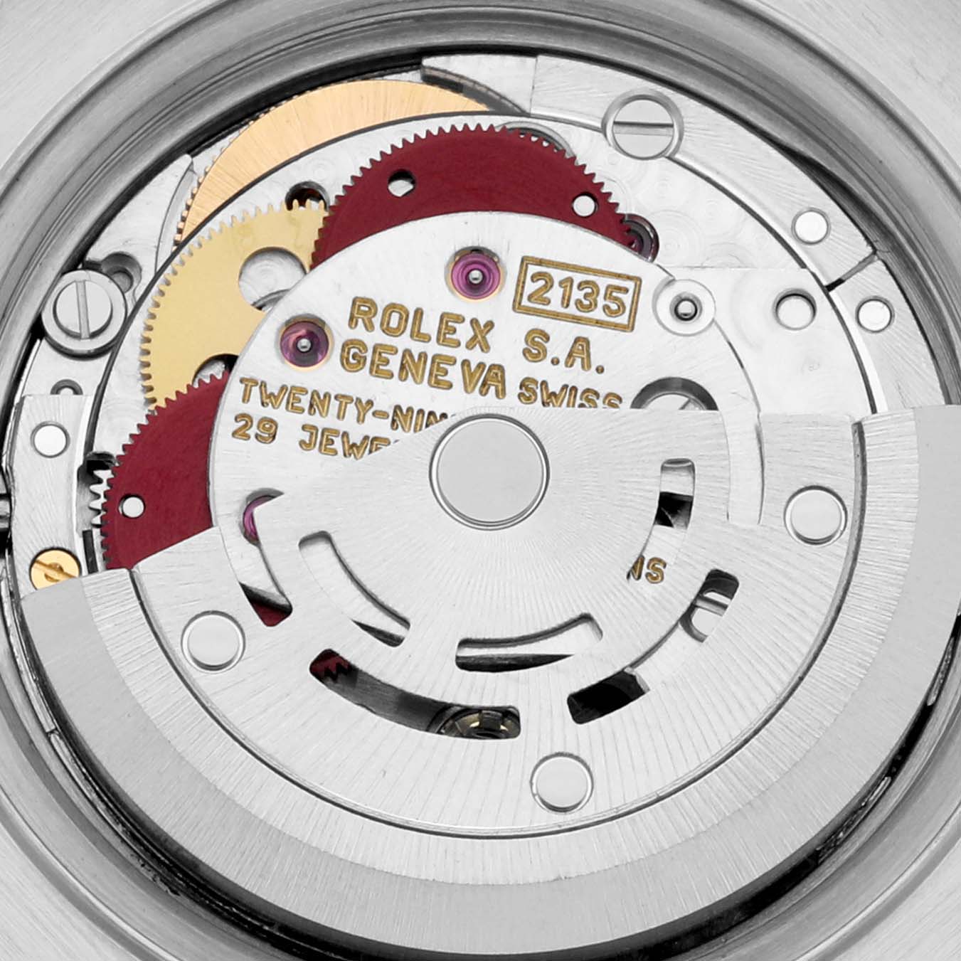 This image shows the internal mechanism of a Rolex Datejust 69173 Women
s Steel and Gold (two tone) Champagne Dial 69173 Women
s Steel and Gold (two tone) Champagne Dial watch, highlighting its movement from a close-up angle.