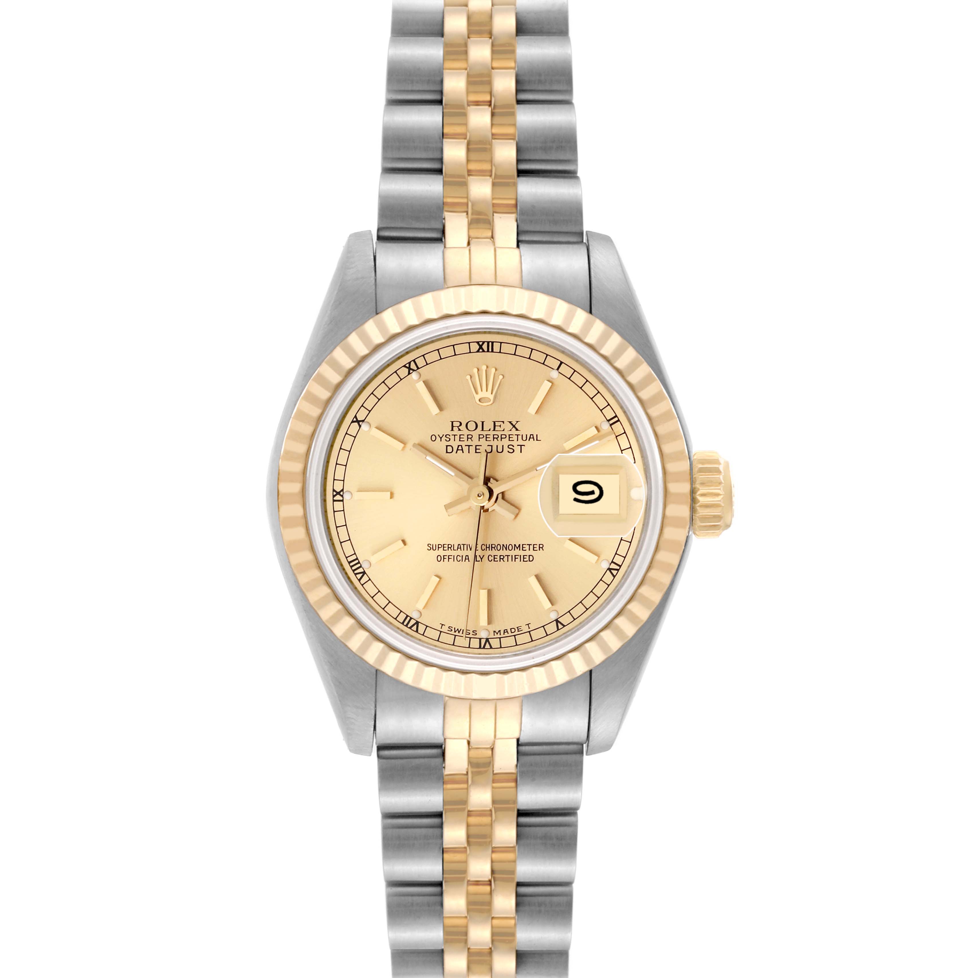 The image shows a front view of the Rolex Datejust 69173 Women
s Steel and Gold (two tone) Champagne Dial 69173 Women
s Steel and Gold (two tone) Champagne Dial watch, highlighting its two-tone bracelet, gold bezel, and champagne dial with date display.