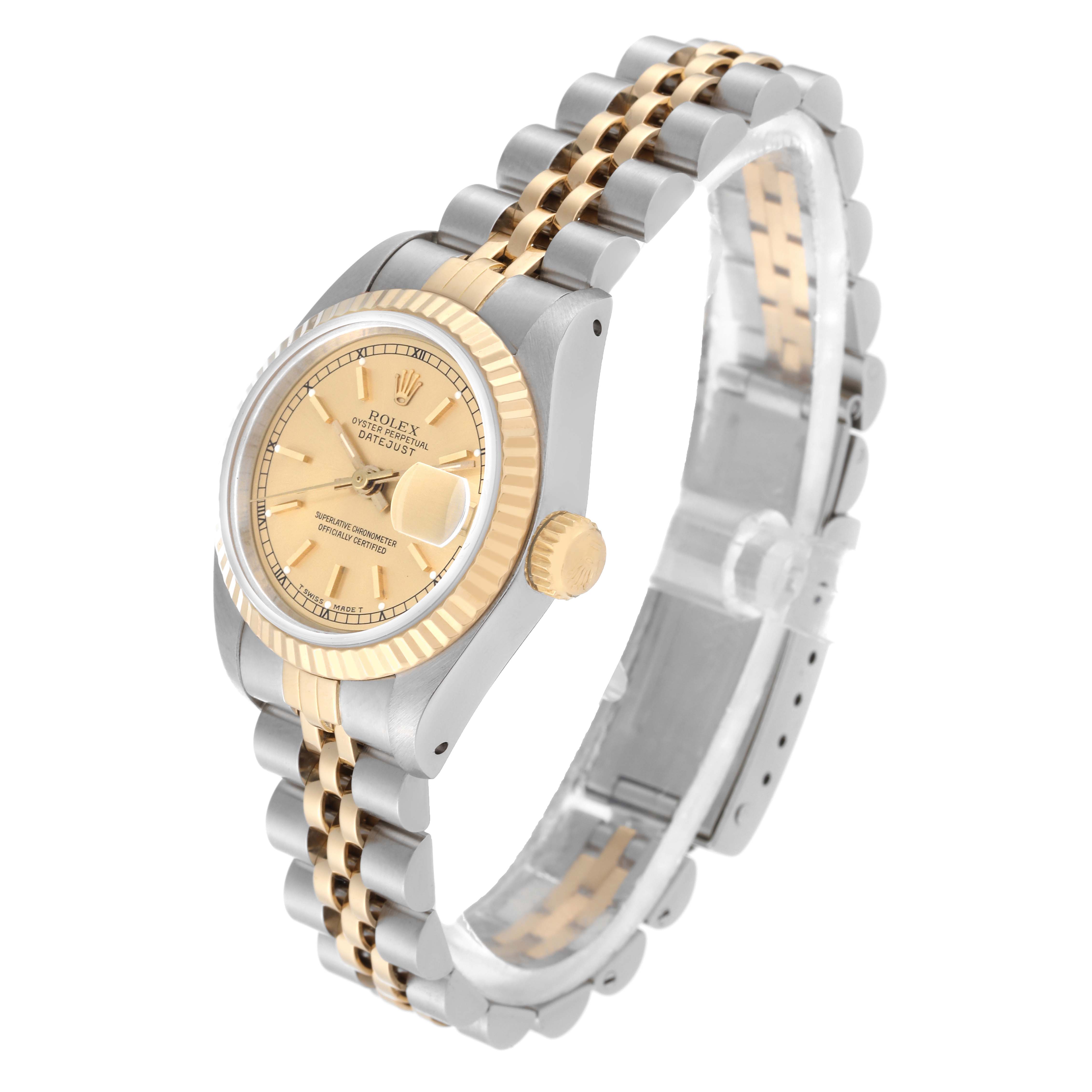 The image shows a Rolex Datejust 69173 Women
s Steel and Gold (two tone) Champagne Dial 69173 Women
s Steel and Gold (two tone) Champagne Dial watch with a two-tone bracelet, a gold fluted bezel, and a champagne dial at a slight angle.