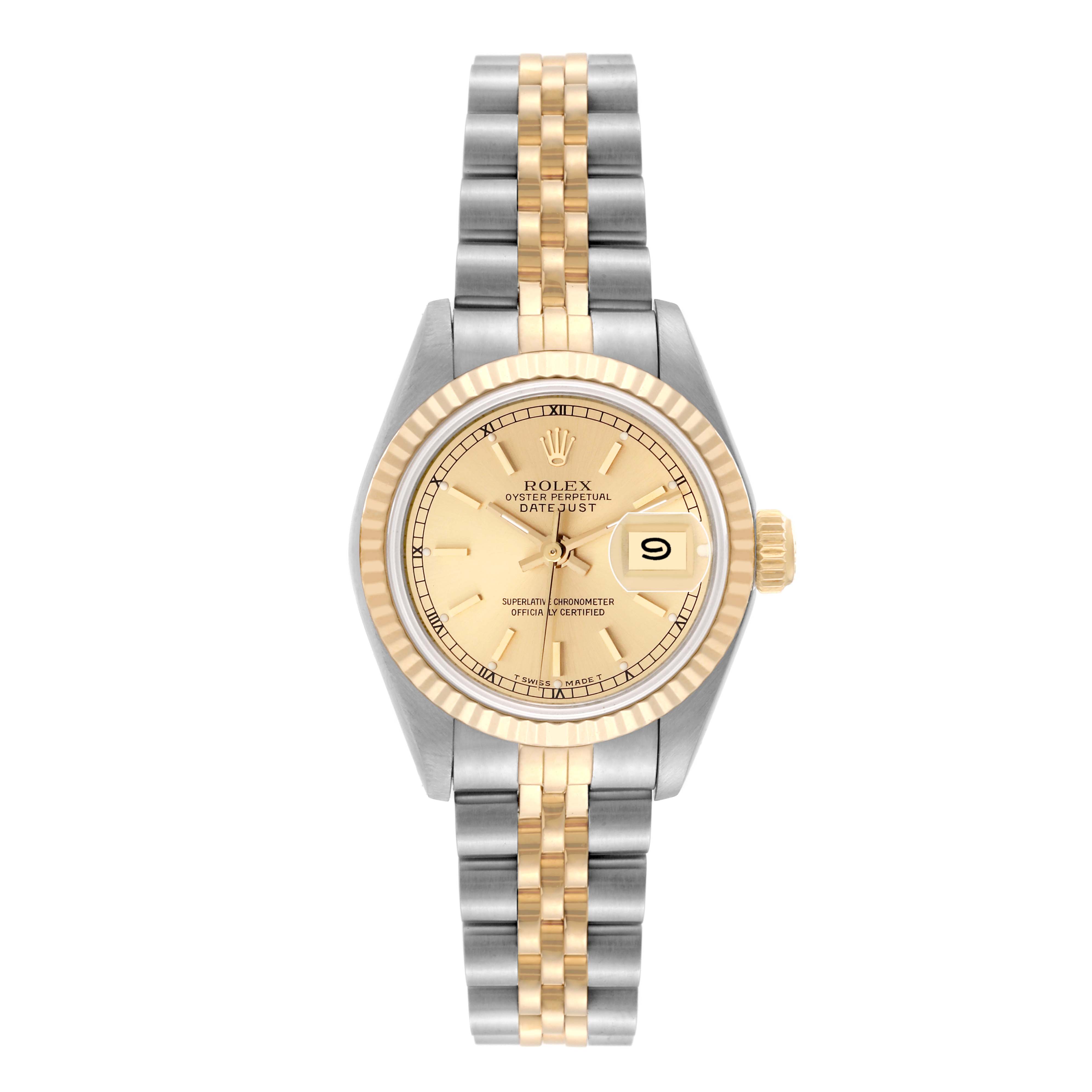 The Rolex Datejust 69173 Women
s Steel and Gold (two tone) Champagne Dial 69173 Women
s Steel and Gold (two tone) Champagne Dial watch is shown from a top-down angle, featuring its dial, bezel, case, and bracelet.