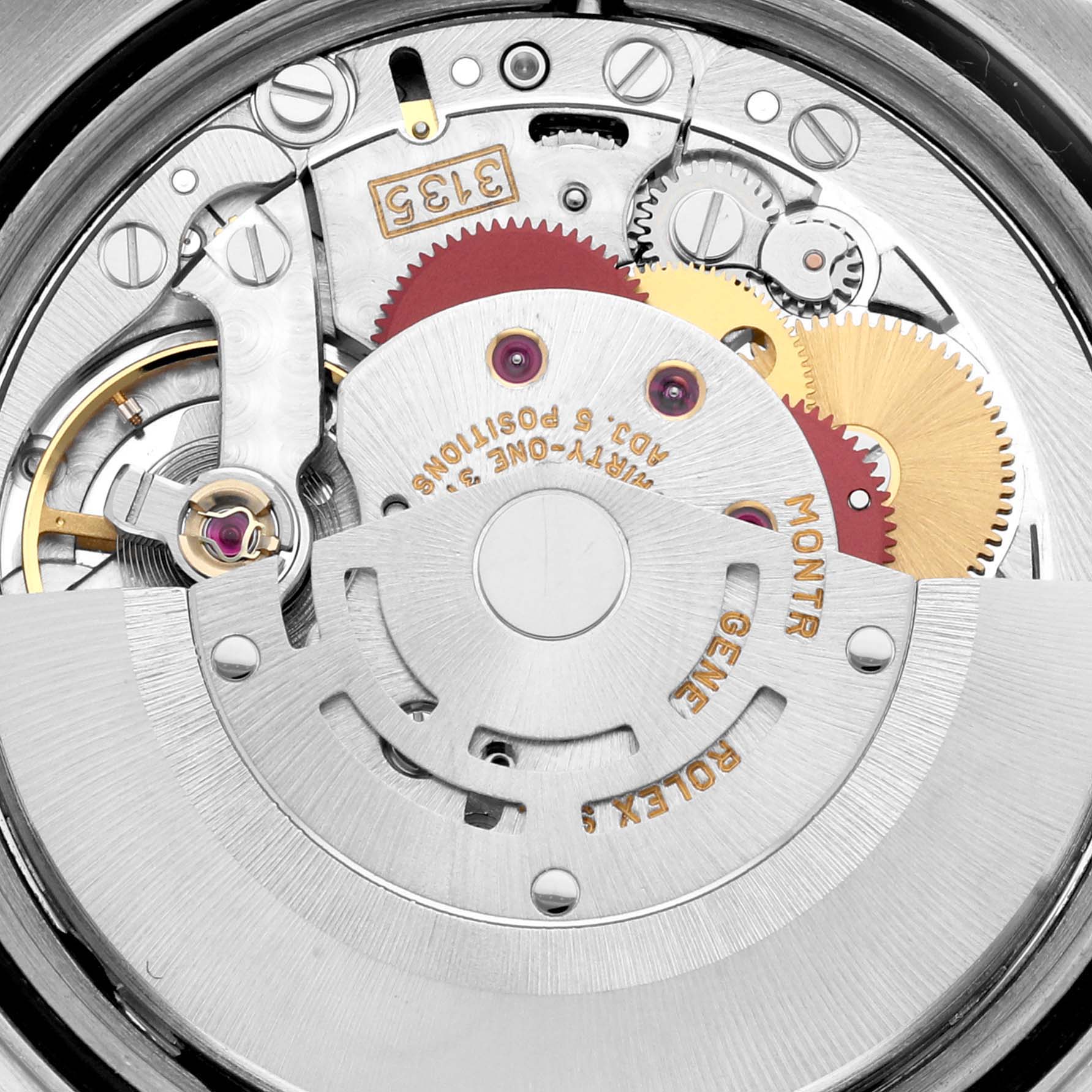 This image shows the internal mechanical movement of a Rolex Datejust 16233 Men's Steel and Gold (two tone) Champagne Dial 16233 Men's Steel and Gold (two tone) Champagne Dial watch from a close-up, top-down angle.