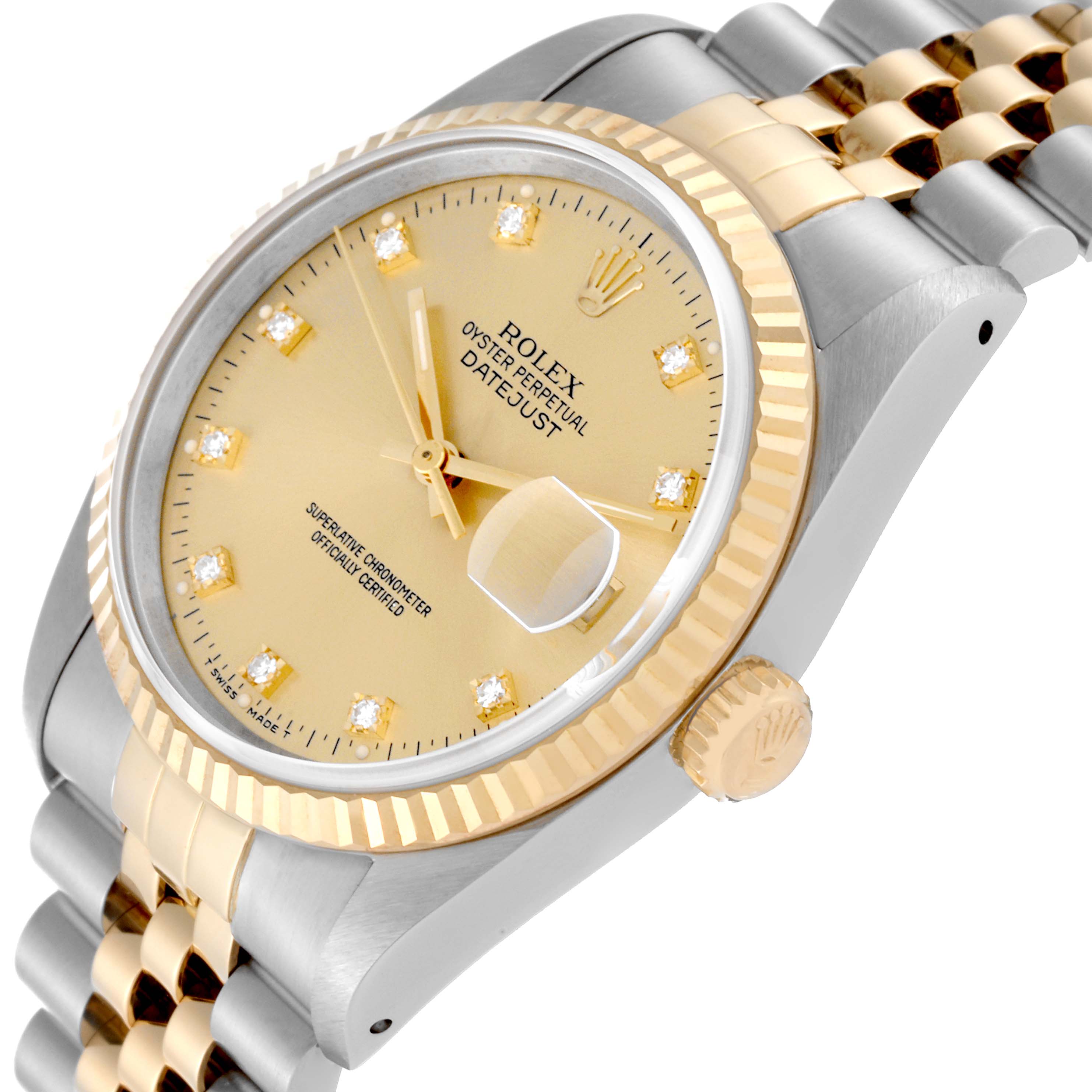 The Rolex Datejust 16233 Men's Steel and Gold (two tone) Champagne Dial 16233 Men's Steel and Gold (two tone) Champagne Dial watch is shown at an oblique angle, featuring the dial, crown, and part of the bracelet.