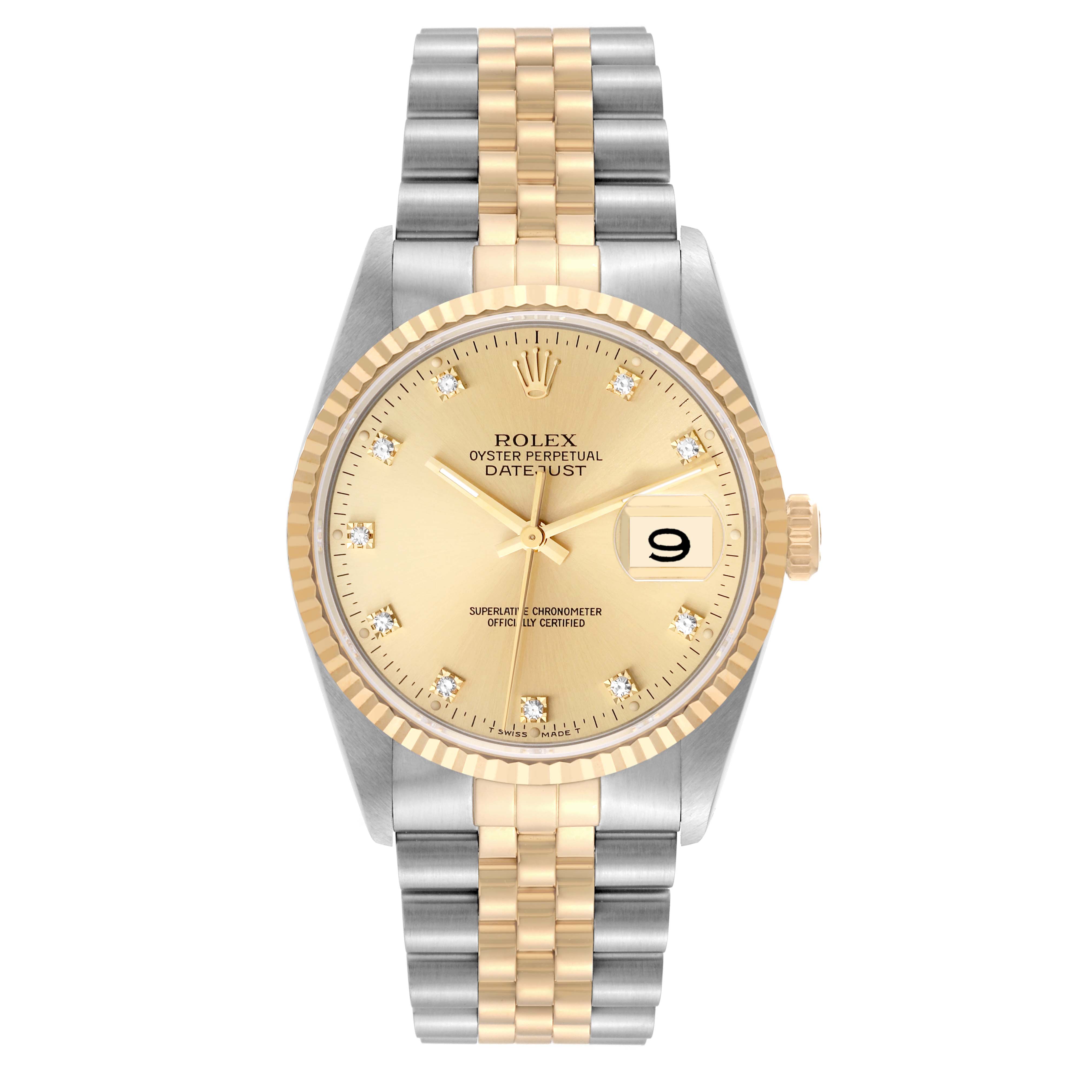 This image shows the front view of a Rolex Datejust 16233 Men's Steel and Gold (two tone) Champagne Dial 16233 Men's Steel and Gold (two tone) Champagne Dial watch with a gold and silver jubilee bracelet, gold dial, and date display at 3 o'clock.