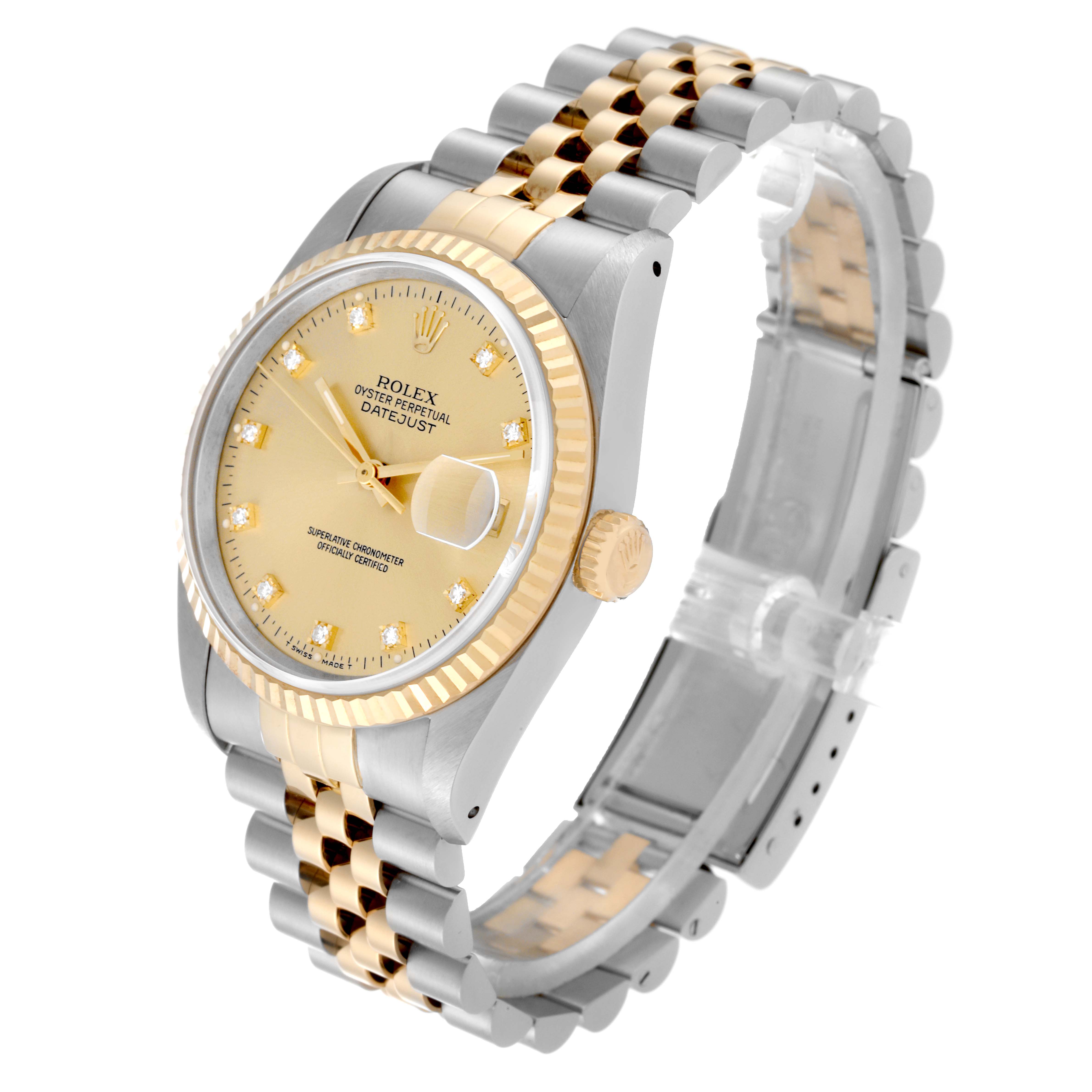 The image shows a three-quarter angle of a Rolex Datejust 16233 Men's Steel and Gold (two tone) Champagne Dial 16233 Men's Steel and Gold (two tone) Champagne Dial watch, highlighting its bezel, crown, dial, and bracelet.