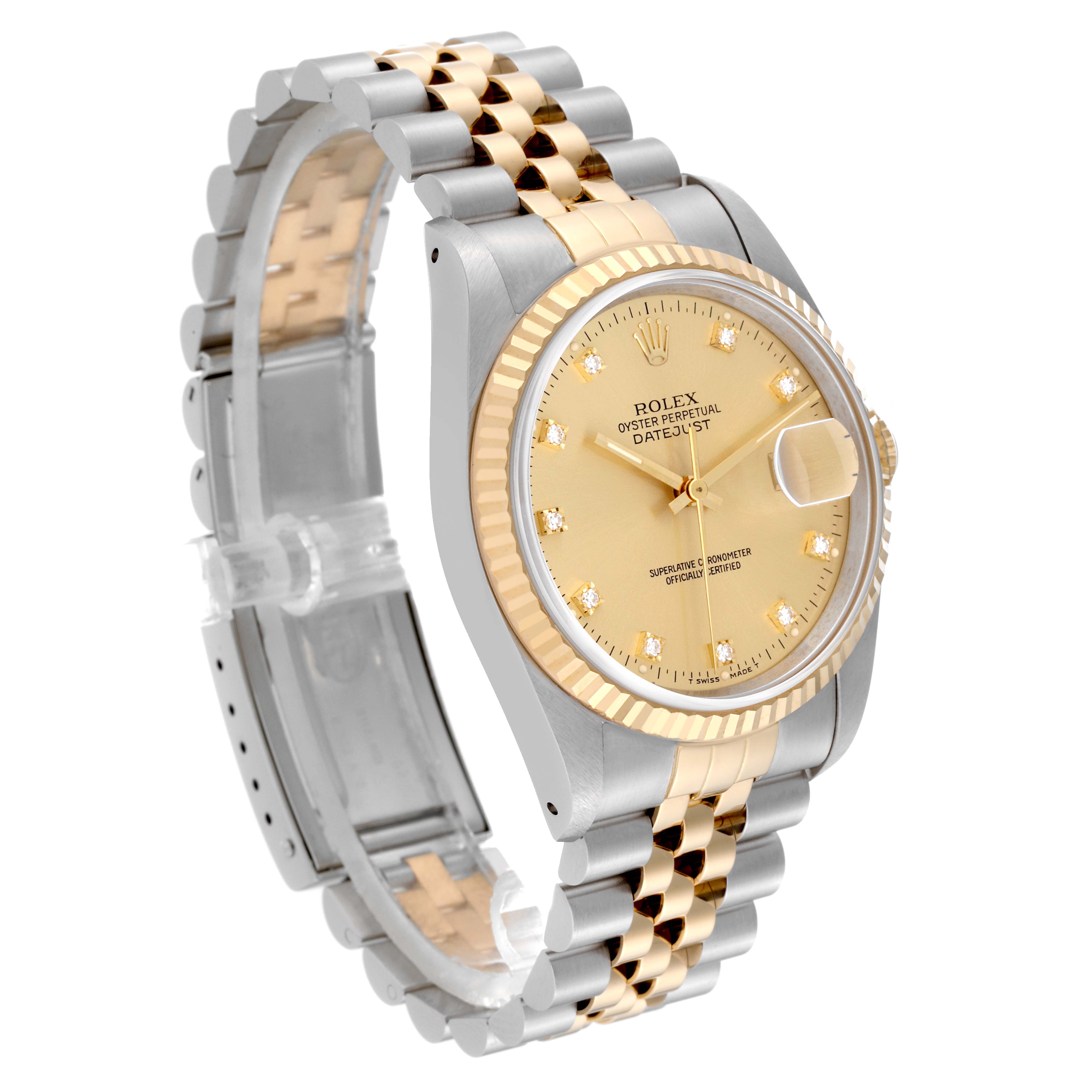 The image shows a side angled view of a Rolex Datejust 16233 Men's Steel and Gold (two tone) Champagne Dial 16233 Men's Steel and Gold (two tone) Champagne Dial watch, highlighting its face, bezel, and jubilee bracelet.