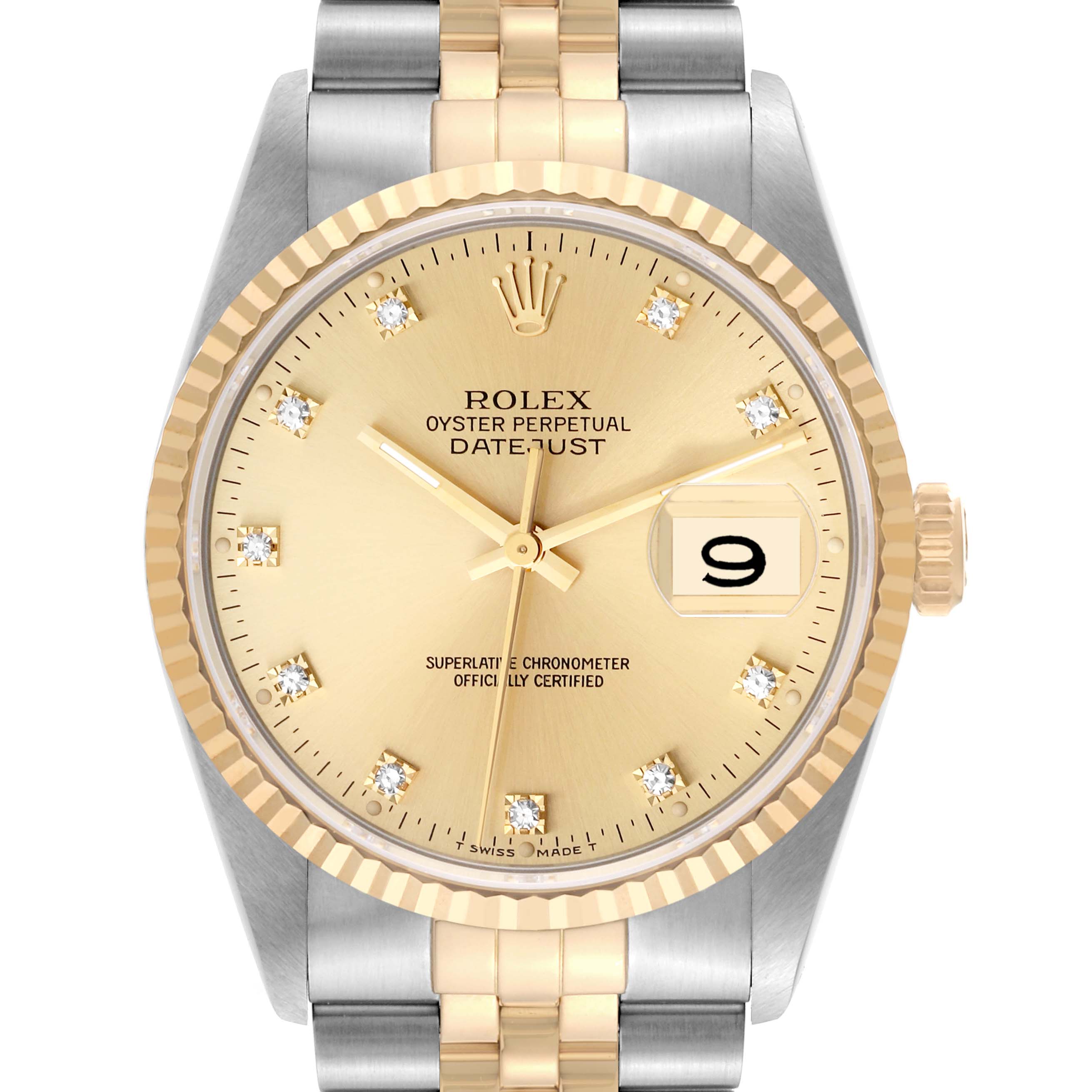 This image shows a front view of the Rolex Datejust 16233 Men's Steel and Gold (two tone) Champagne Dial 16233 Men's Steel and Gold (two tone) Champagne Dial watch, highlighting its gold dial, diamond hour markers, and two-tone bracelet.