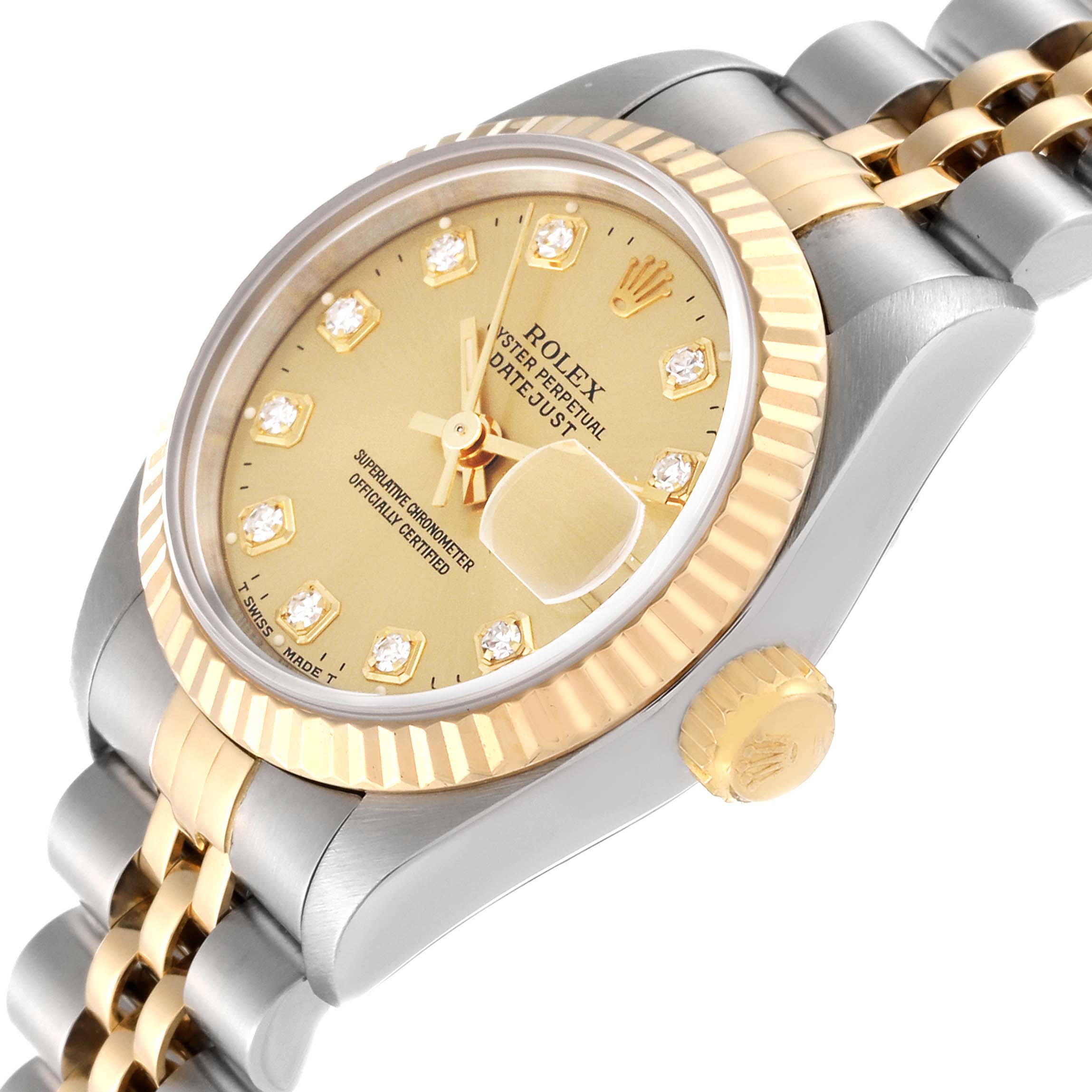 This image shows a close-up angle of a Rolex Datejust 69173G Women's Steel and Gold (two tone) Champagne Dial 69173G Women's Steel and Gold (two tone) Champagne Dial watch, highlighting its dial, bezel, crown, and part of the bracelet.